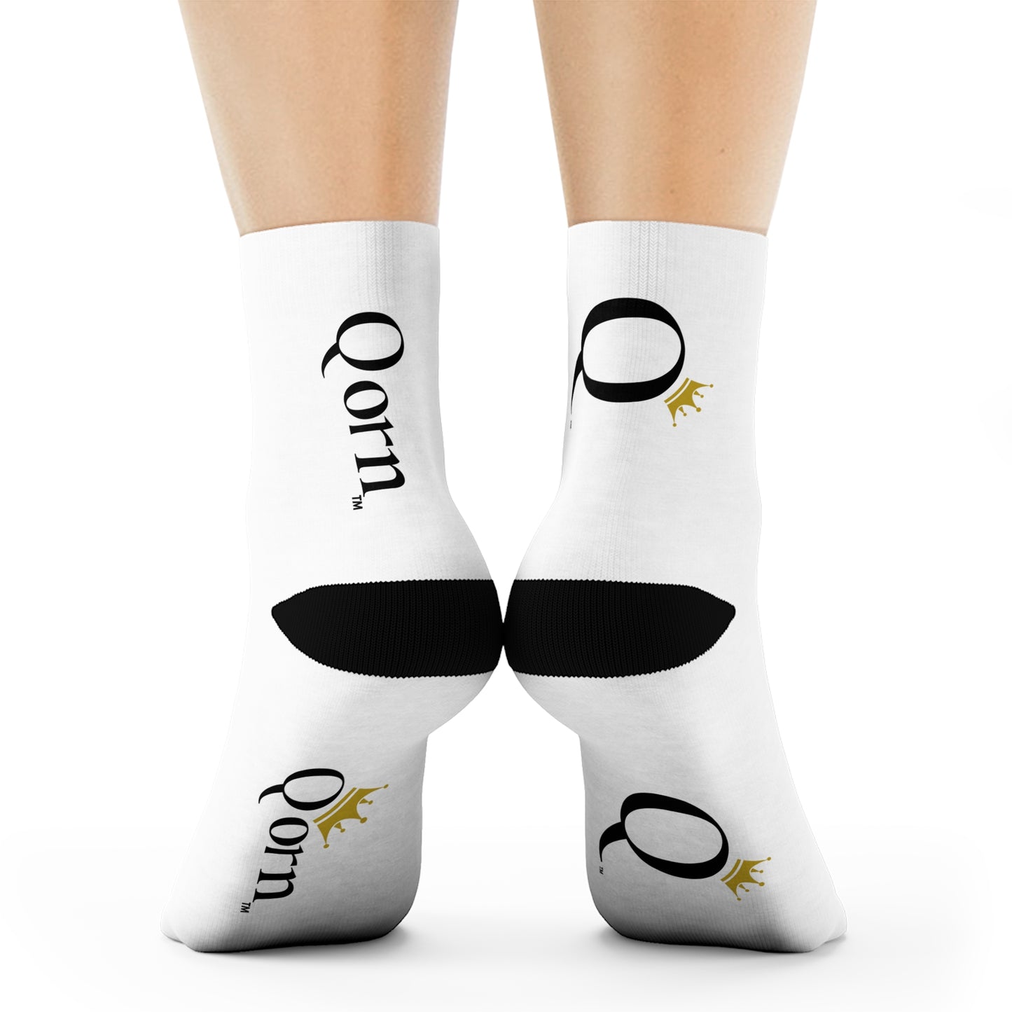 Qorn Logo Crew Socks – White Athletic Socks with Gold Crown Branding