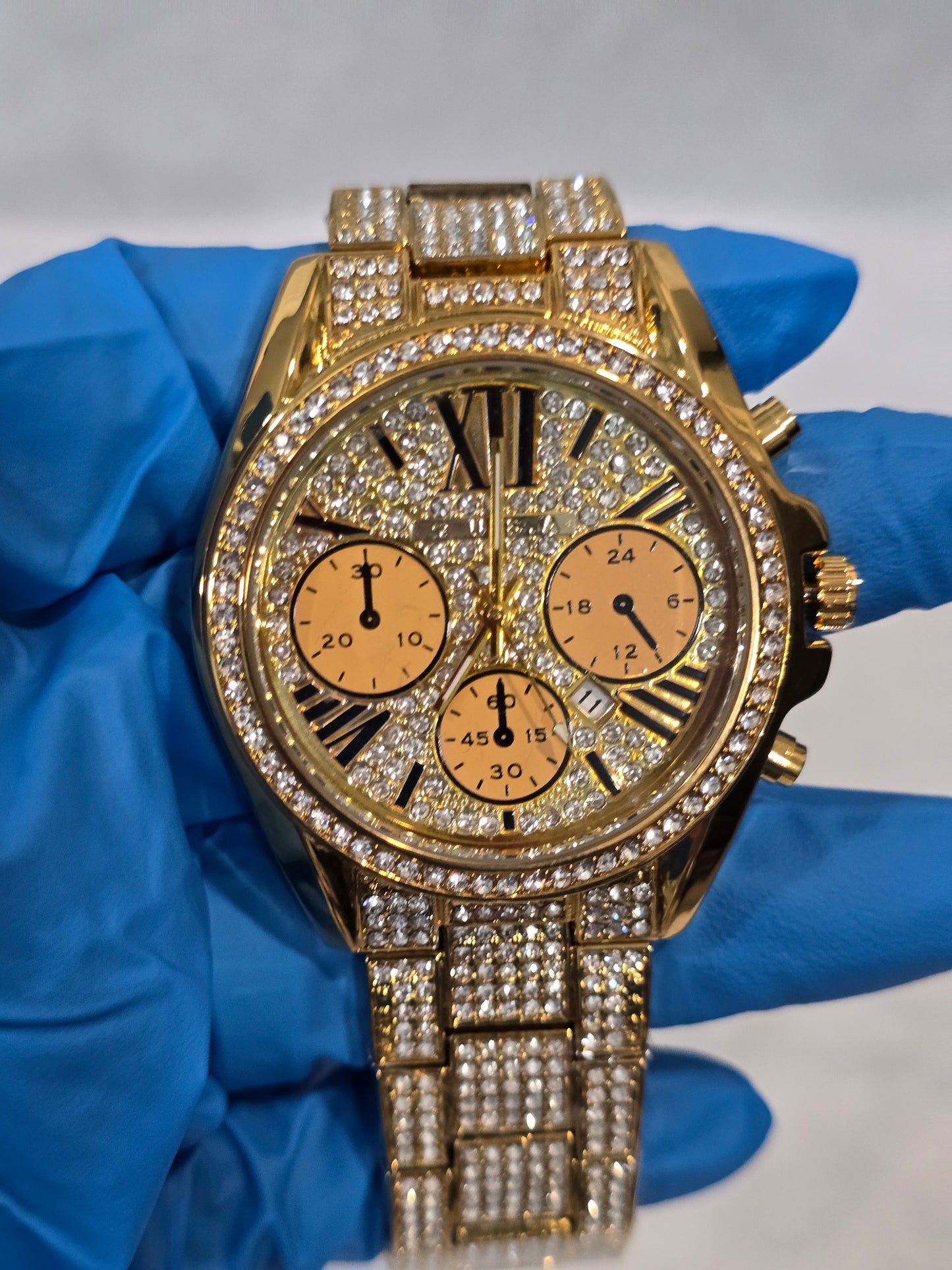 Iced-Out Gold-Tone Chronograph Style Watch - VVS CZ, 42mm Case
