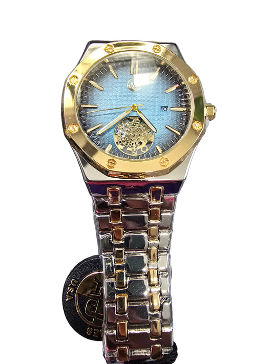 New 45mm Skeleton Dial Watch – Two-Tone Stainless Steel – Water Resistant