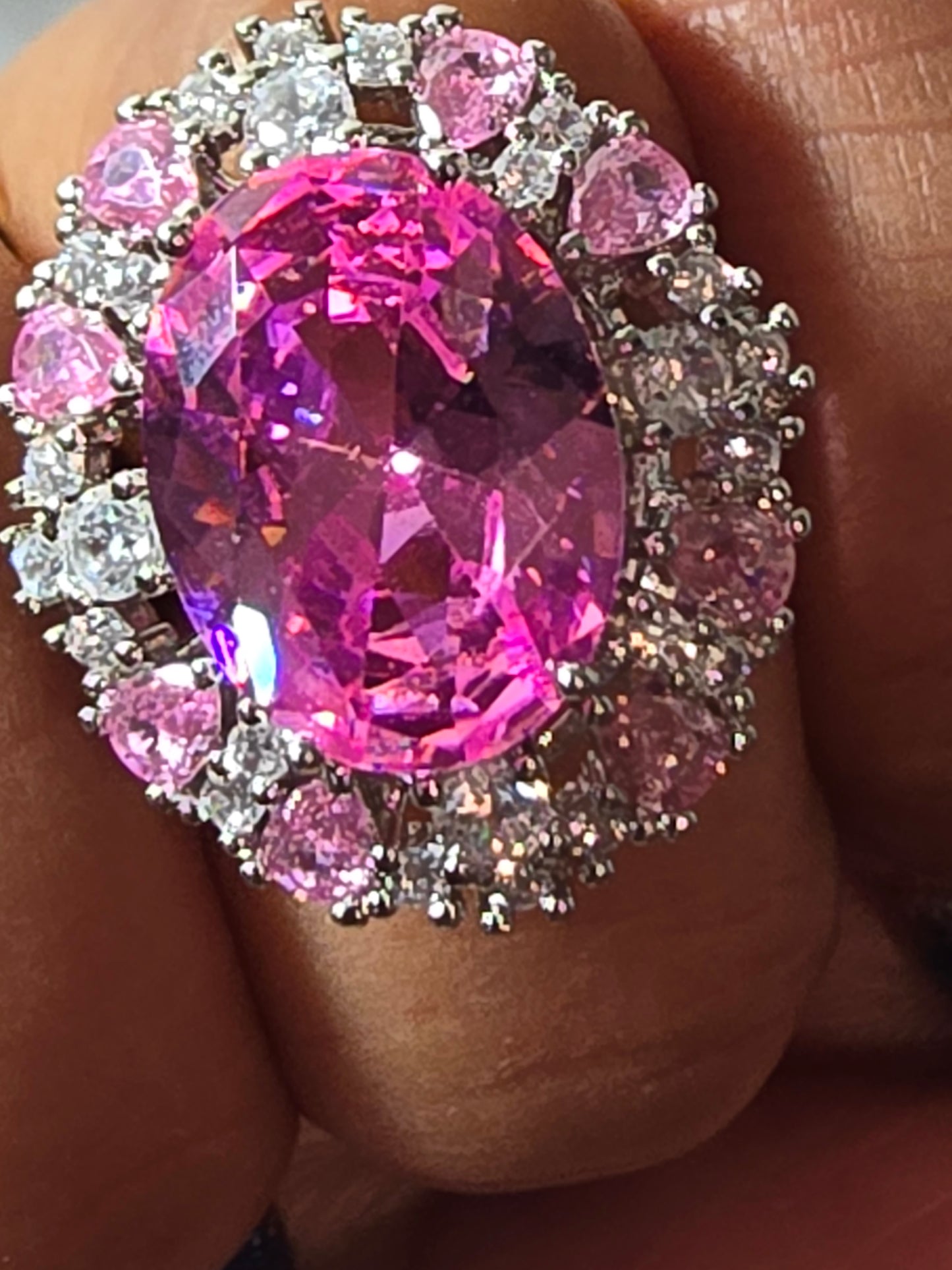 18k over mix metal Pink Halo adjustable ring. Jumbo Carats