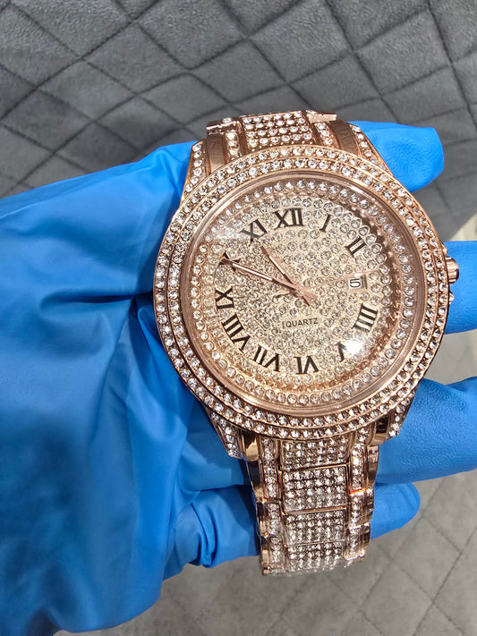 Bling Luxury Iced Out 45mm Rose Gold CZ Watch | Quartz Movement. CZ Flooded. SS