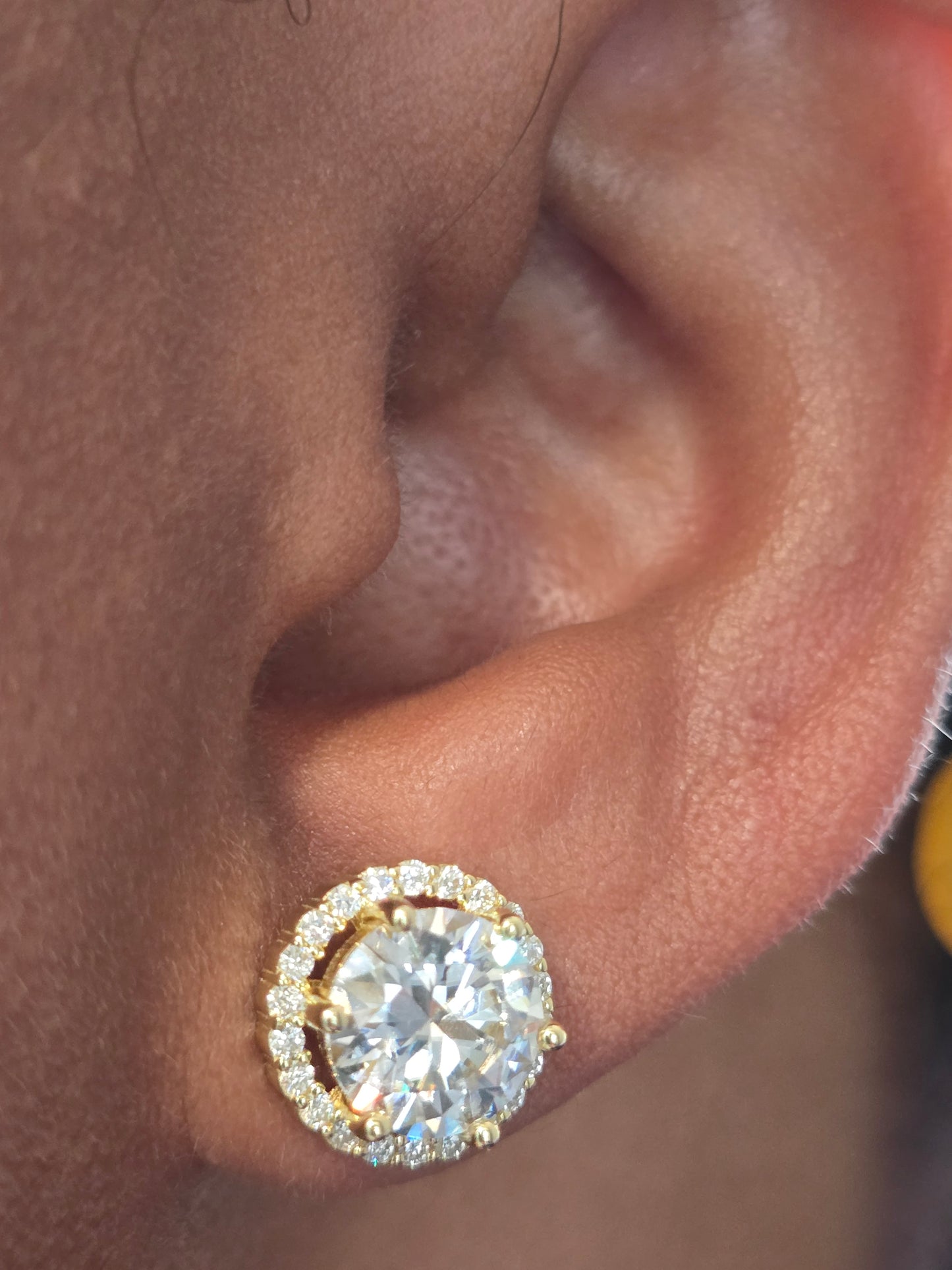 10mm Moissanite Stud Earrings - Yellow Gold over .925 Sterling Silver VVS D