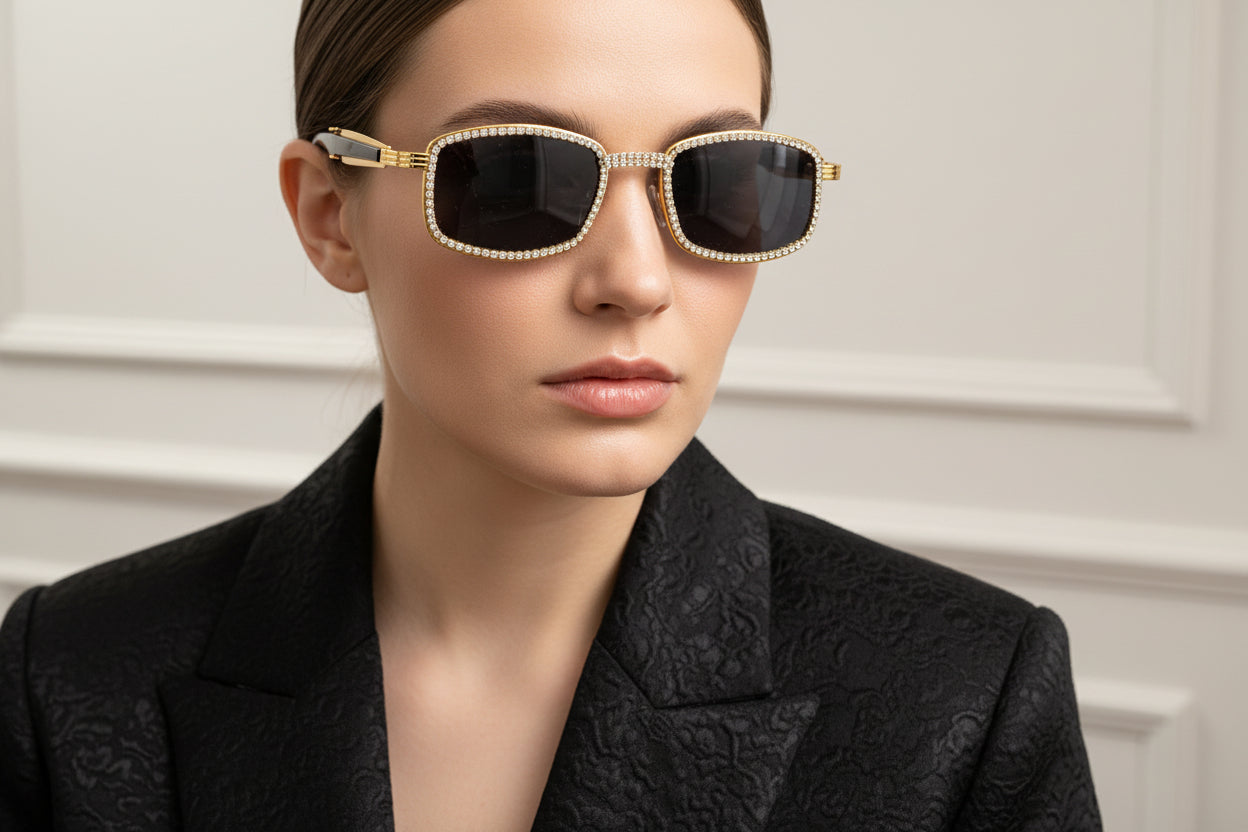 Gold Square Sunglasses VVS CZ Stones with Case. Iced out bling vvs cz.