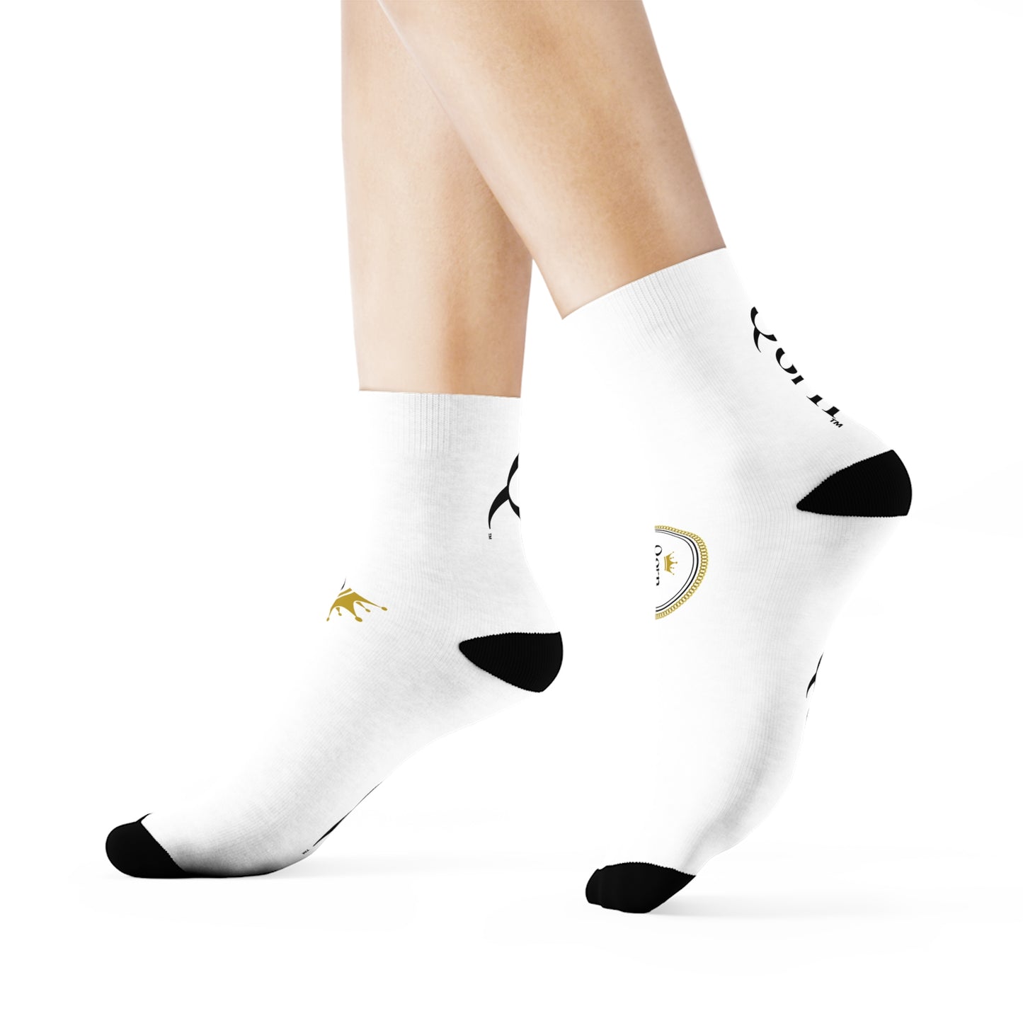 Qorn Logo Crew Socks – White Athletic Socks with Gold Crown Branding