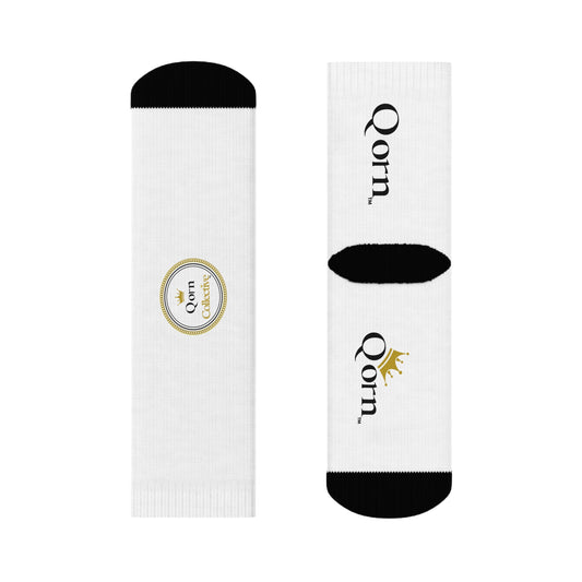 Qorn Logo Crew Socks – White Athletic Socks with Gold Crown Branding