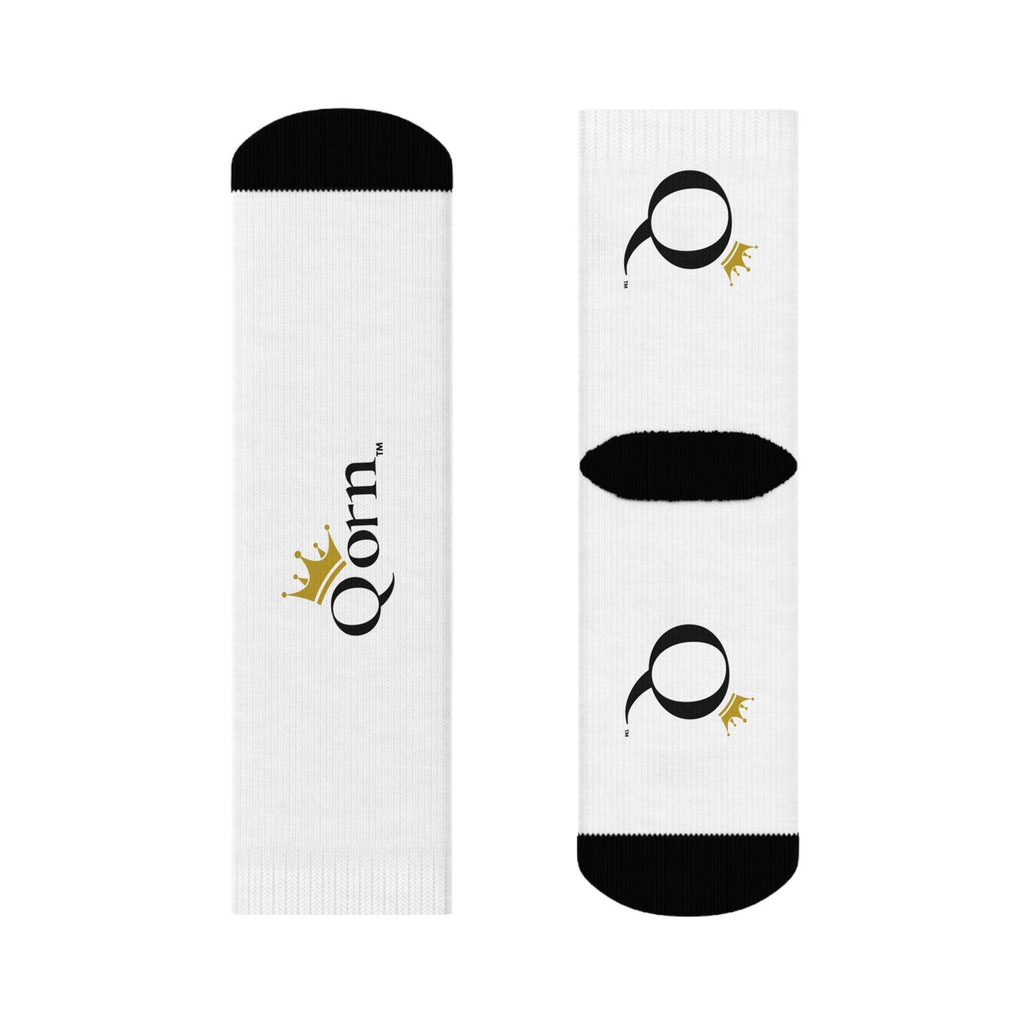 Qorn Logo Crew Socks – White Athletic Socks with Gold Crown Branding