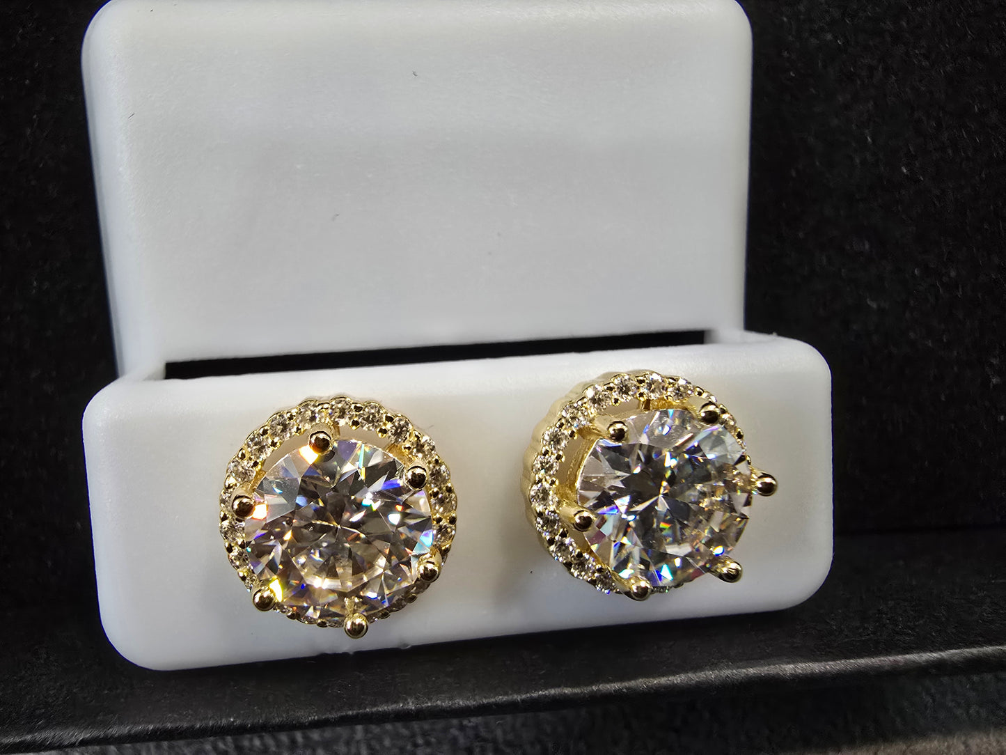 10mm Moissanite Stud Earrings - Yellow Gold over .925 Sterling Silver VVS D