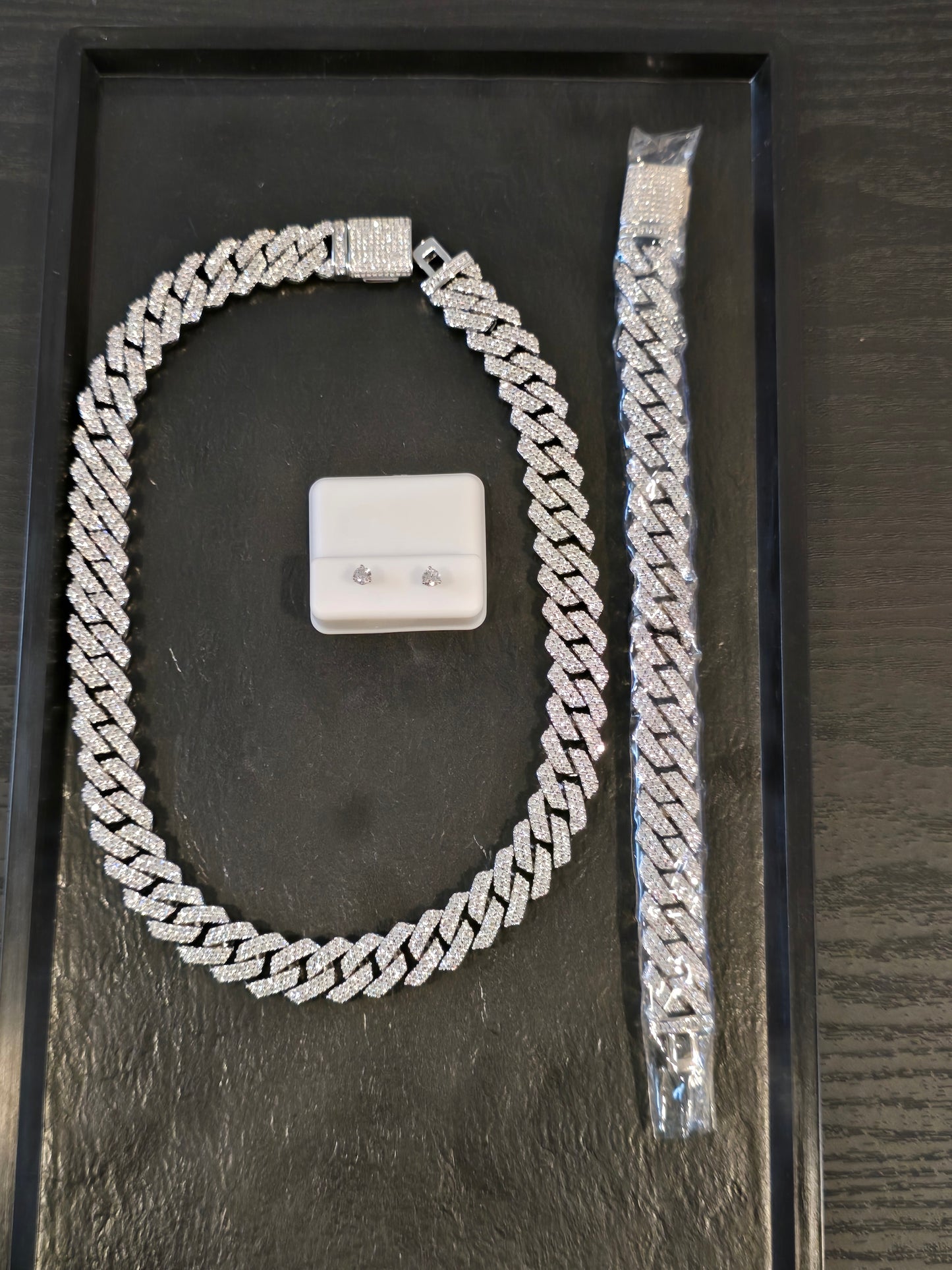 Father's Day Drip Tray Qorn Collective Signature  White Gold 14mm 2-Row Cuban Set & 1.56 CTW(7mm) Moissanite Studs