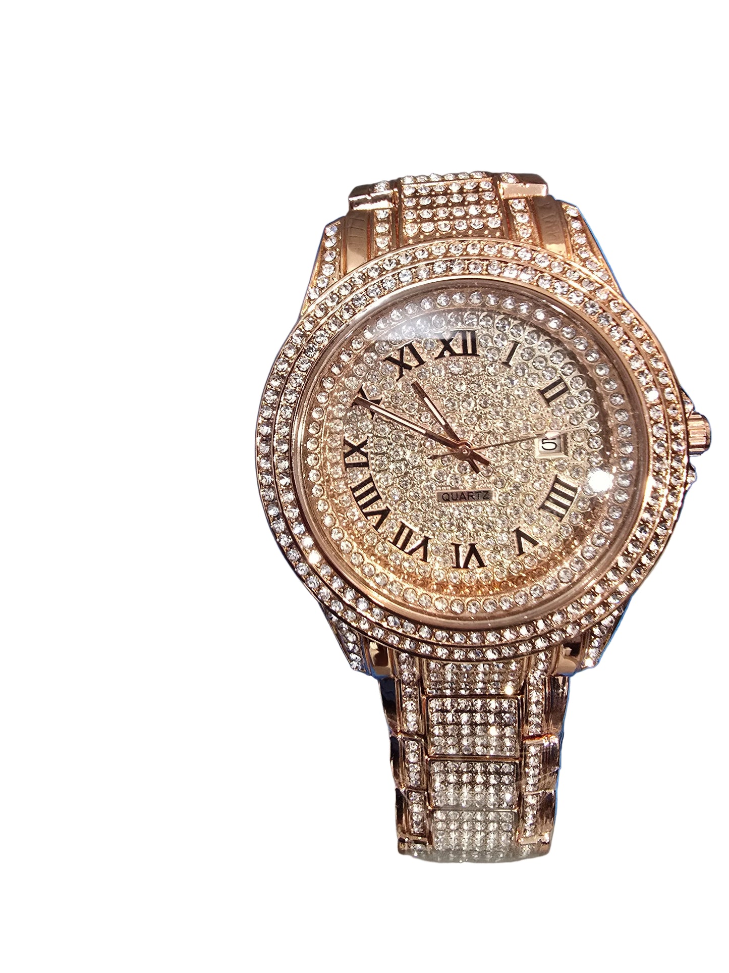 Bling Luxury Iced Out 45mm Rose Gold CZ Watch | Quartz Movement. CZ Flooded. SS