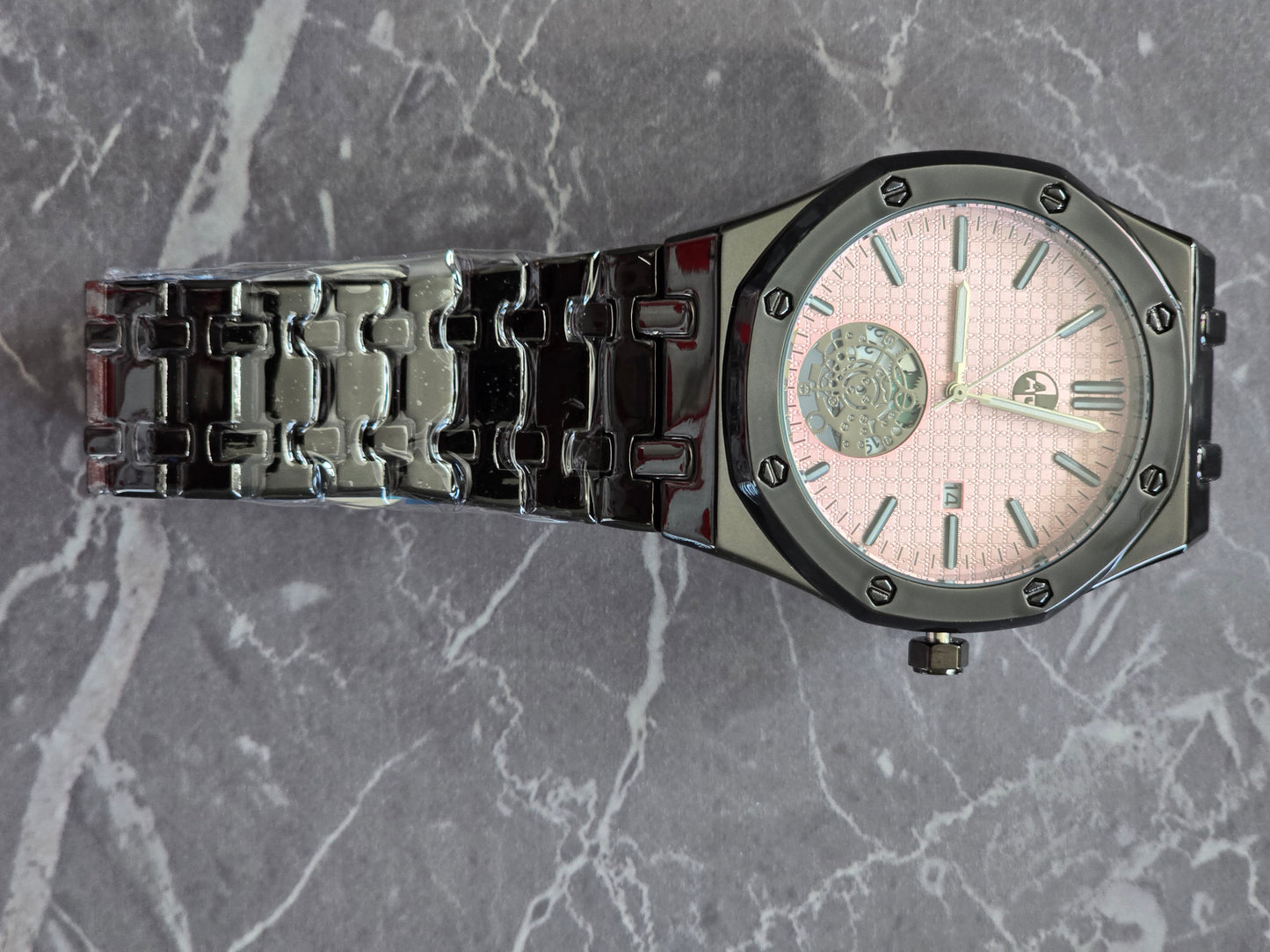 Luxury Style 45mm Case Open Heart  QUARTZ WATCH Stainless Steel Water-Resistant