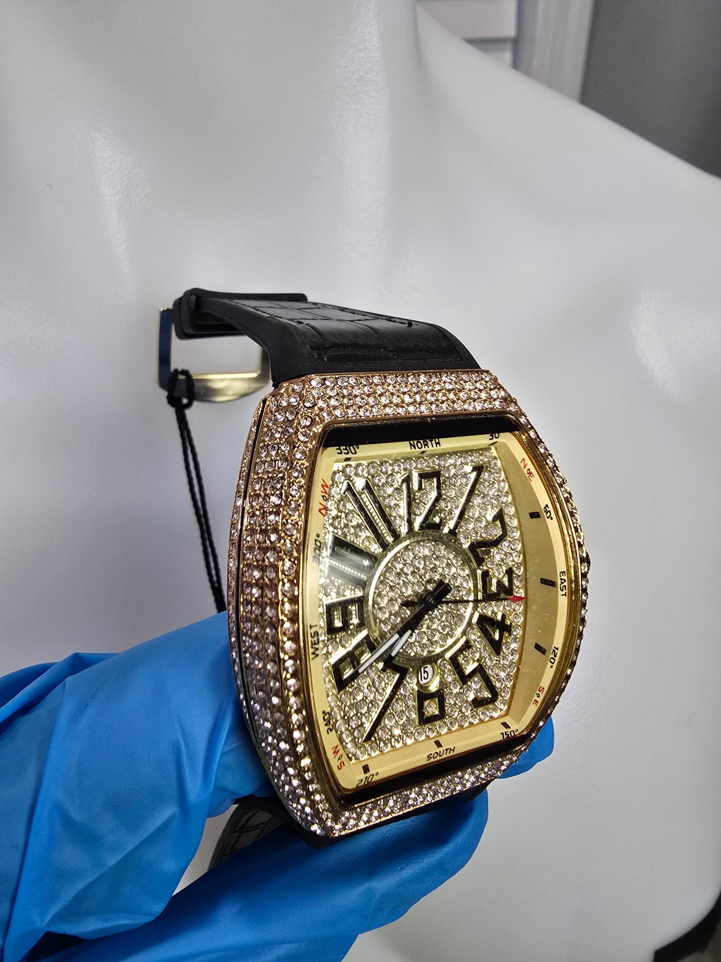 45mm Gold Plated VVS CZ Watch Black Leather Band Mechanical Large Case.