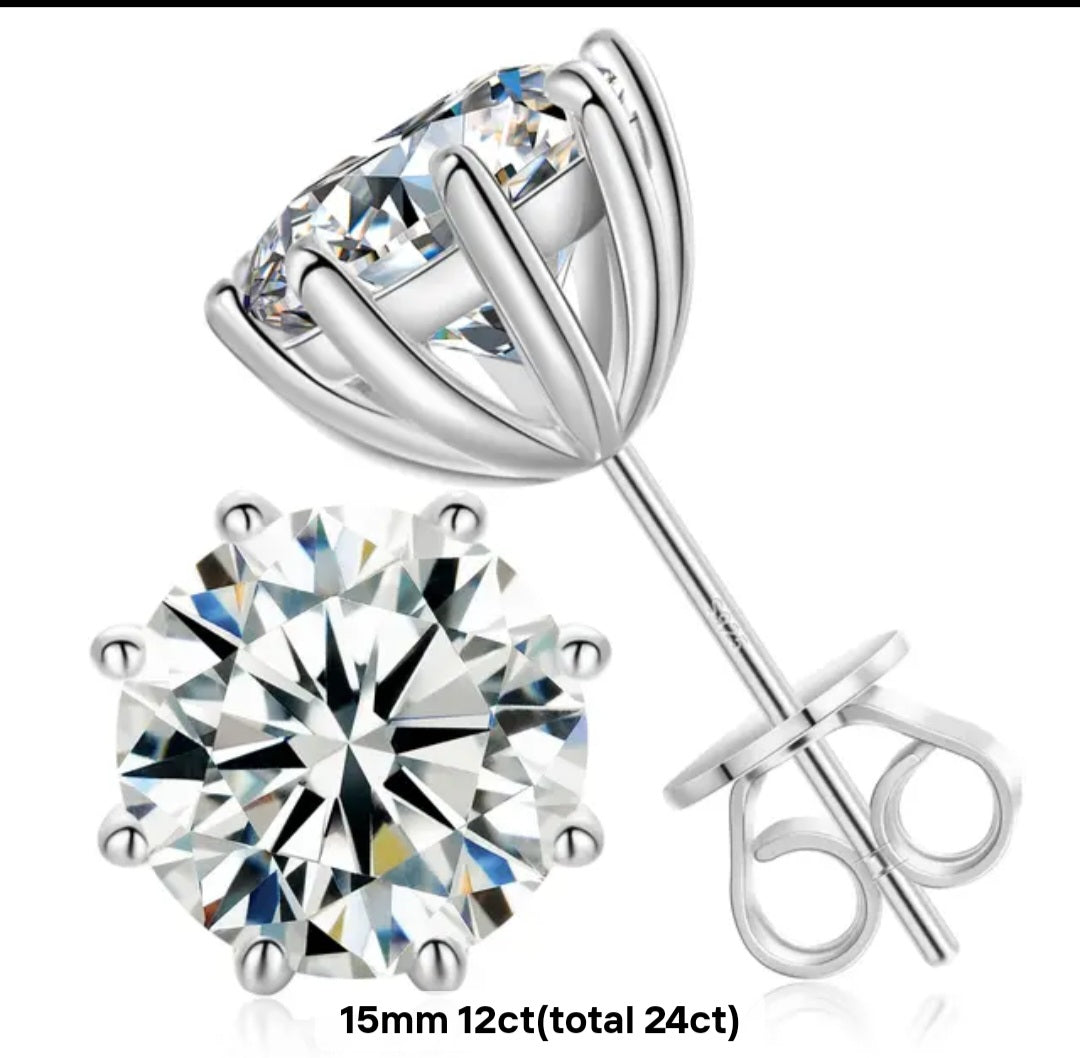 JUMBO 24ct Moissanite Stud Earrings 15mm D VVS1 925 Silver GRA Certified 8-Prong