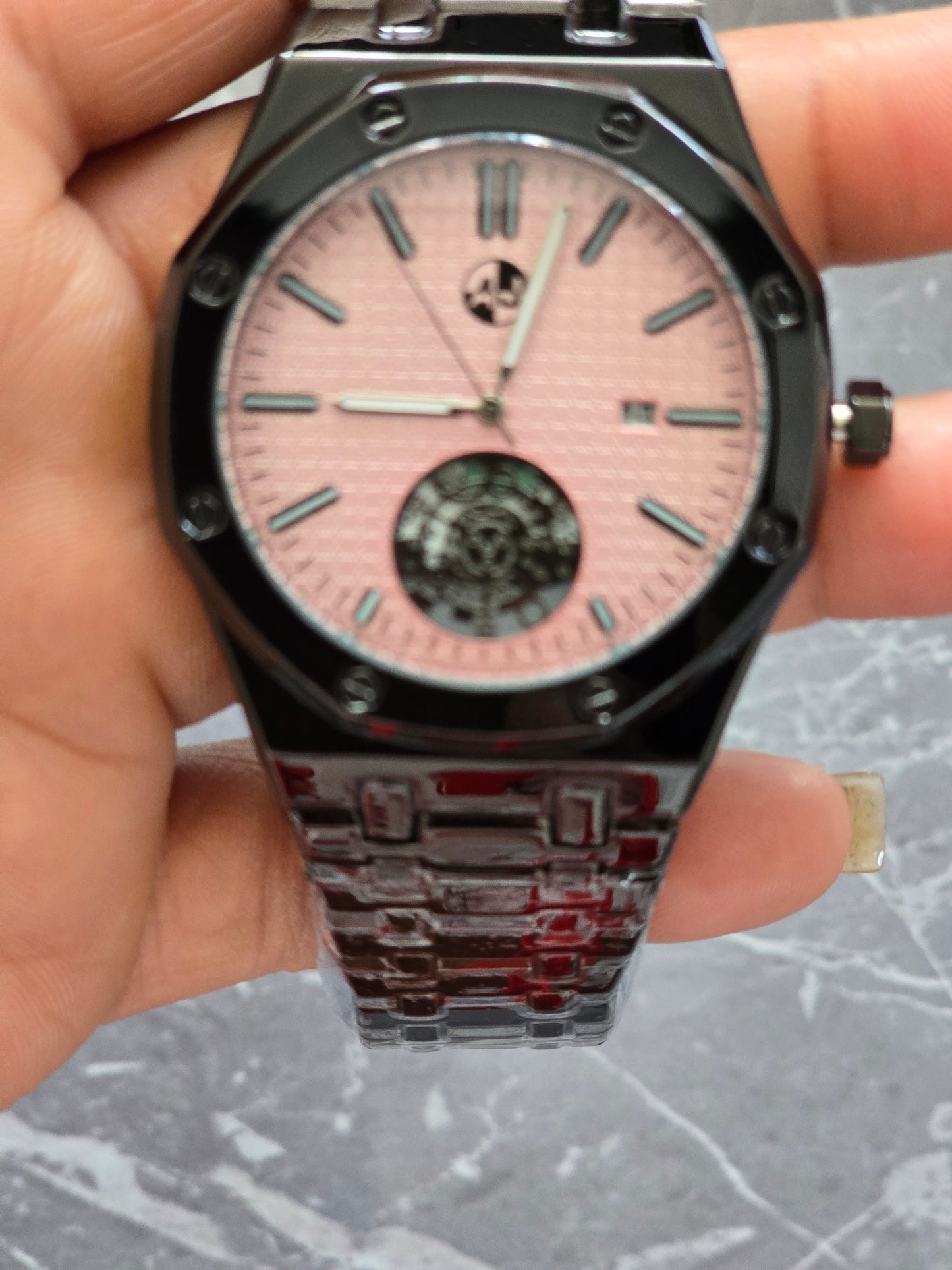 Luxury Style 45mm Case Open Heart  QUARTZ WATCH Stainless Steel Water-Resistant
