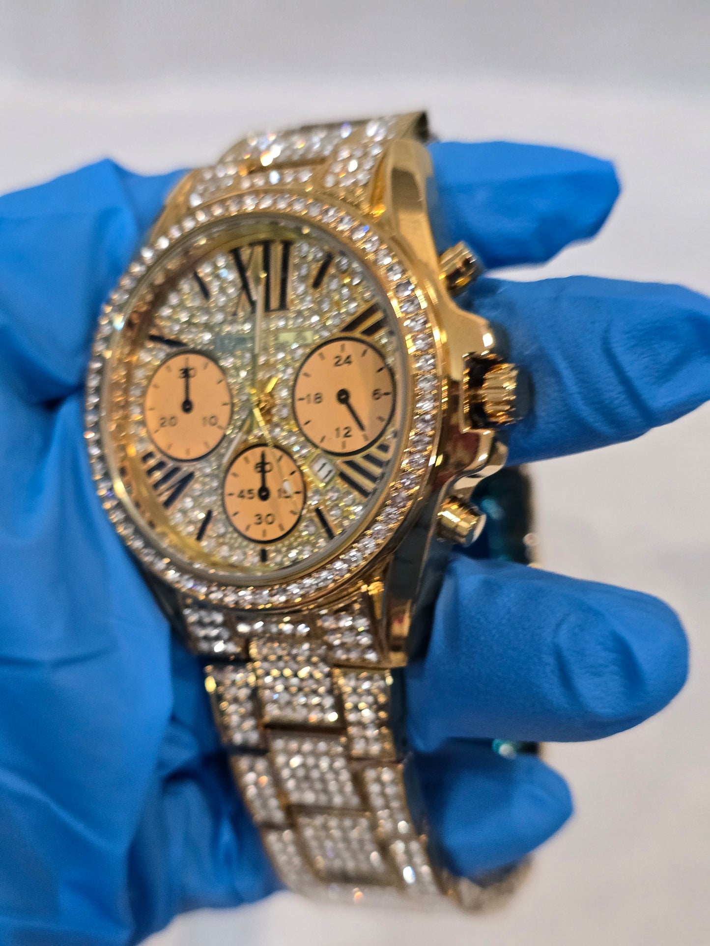 Iced-Out Gold-Tone Chronograph Style Watch - VVS CZ, 42mm Case