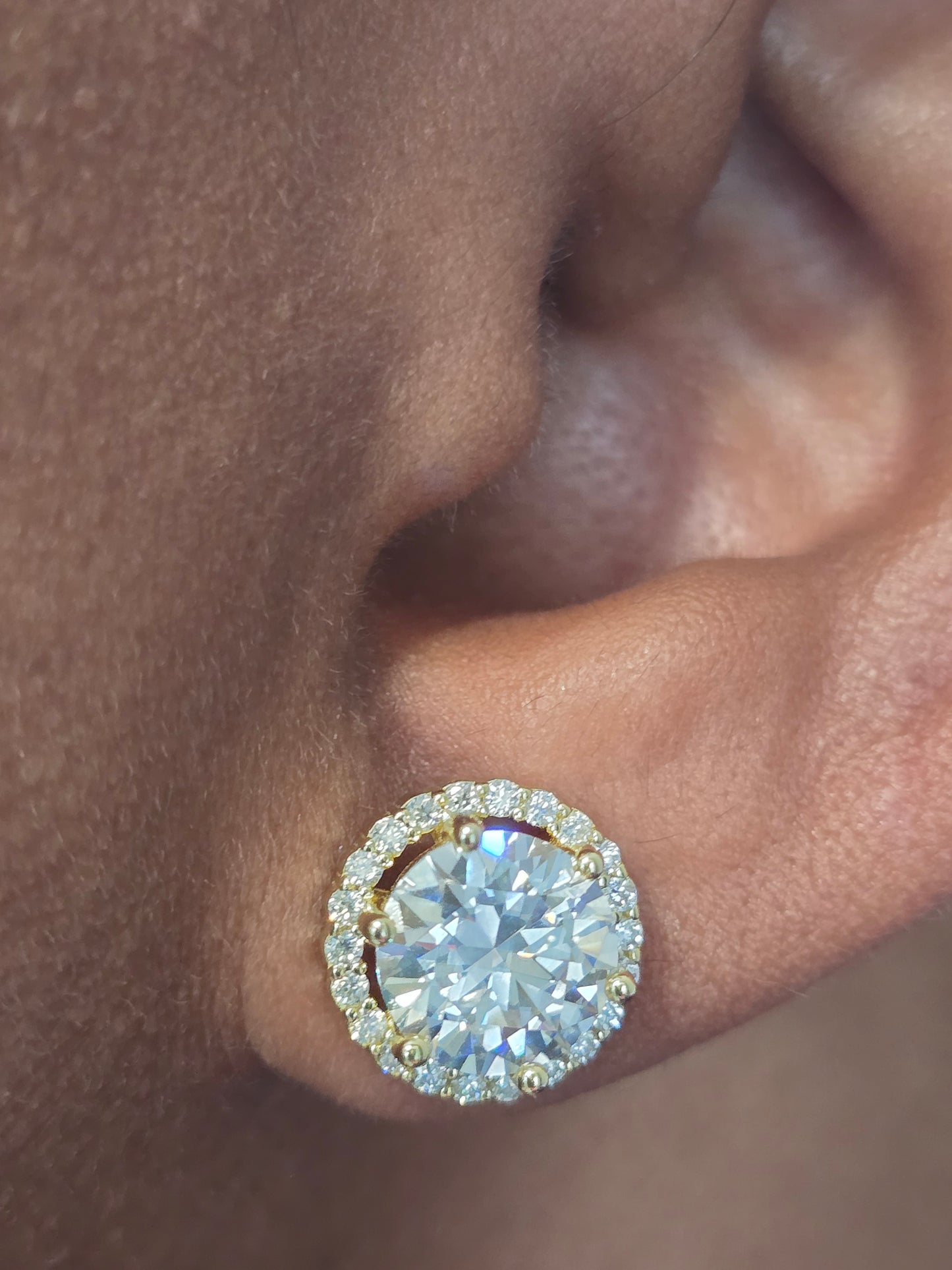 10mm Moissanite Stud Earrings - Yellow Gold over .925 Sterling Silver VVS D
