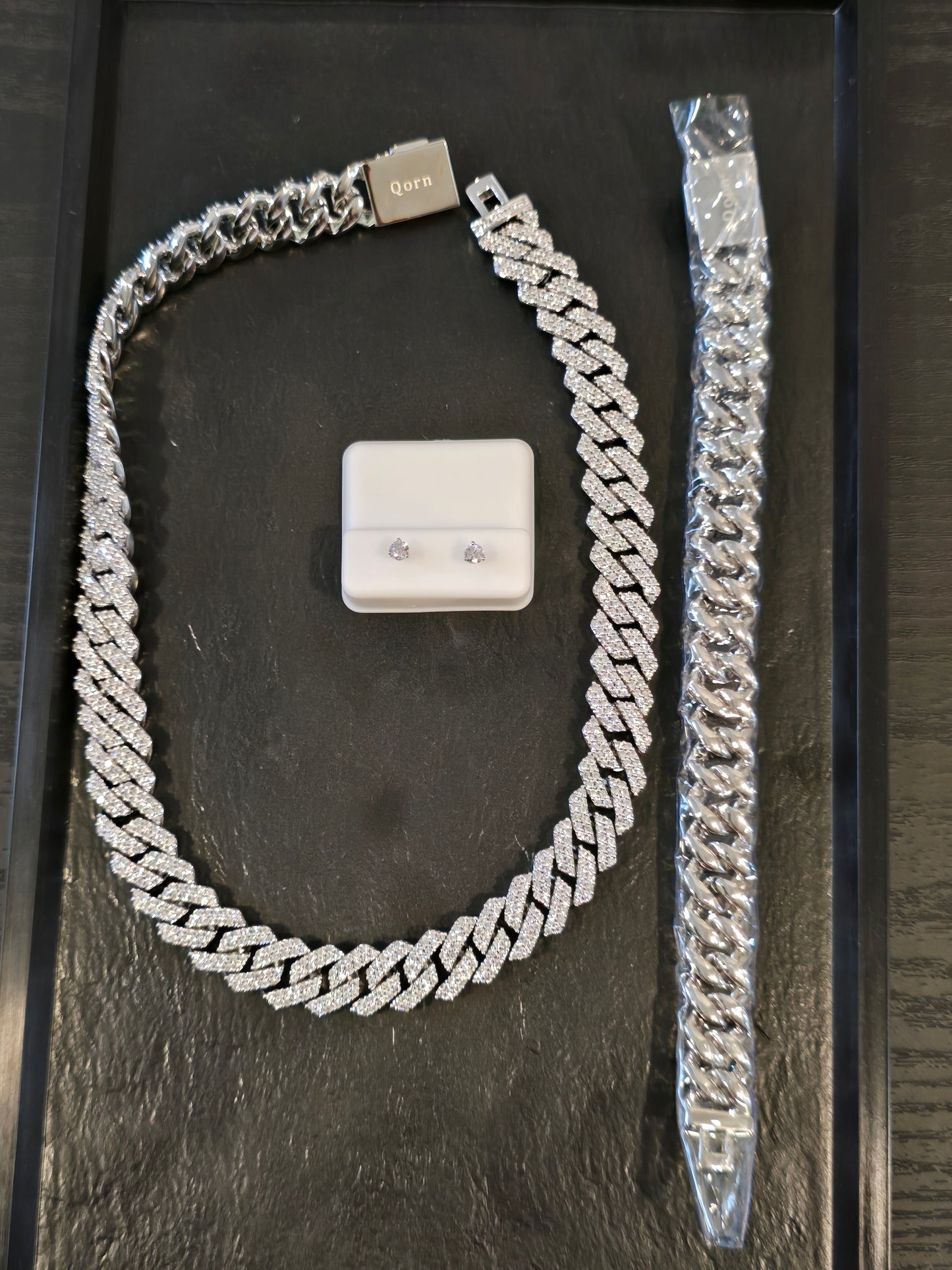 Father's Day Drip Tray Qorn Collective Signature  White Gold 14mm 2-Row Cuban Set & 1.56 CTW(7mm) Moissanite Studs
