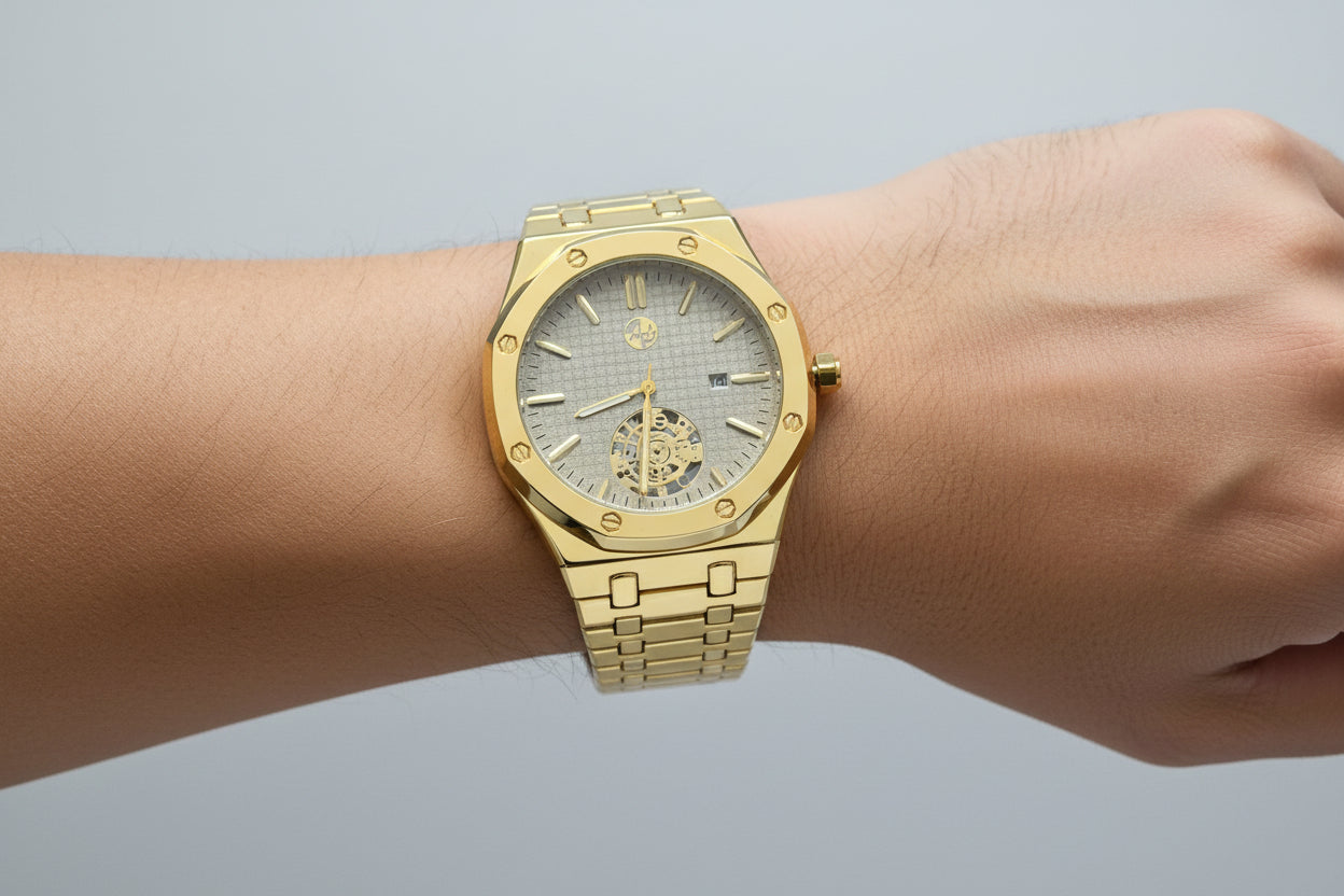 Luxury Style 45mm Case Open Heart  QUARTZ WATCH Stainless Steel Water-Resistant