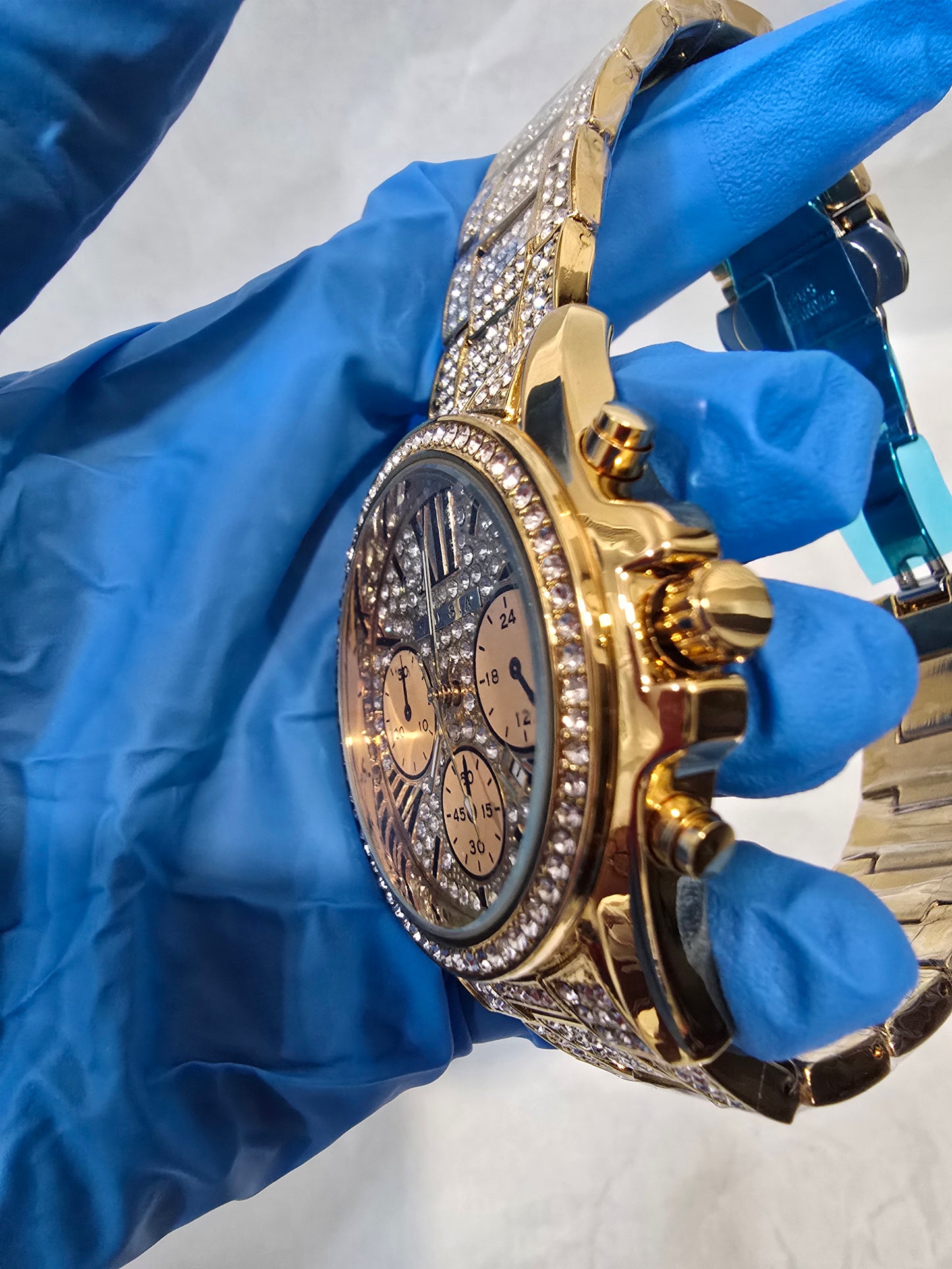Iced-Out Gold-Tone Chronograph Style Watch - VVS CZ, 42mm Case