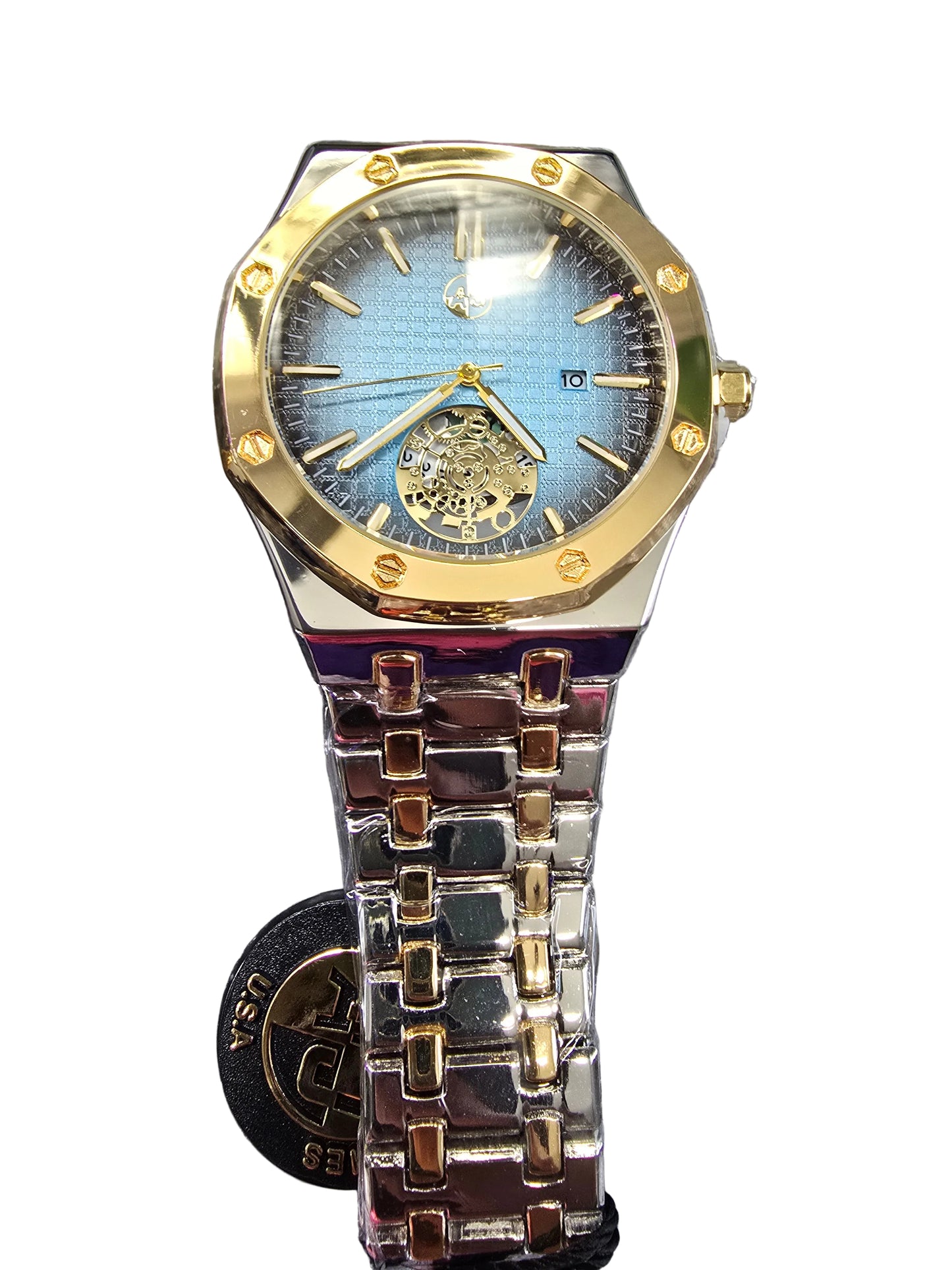 New 45mm Skeleton Dial Watch – Two-Tone Stainless Steel – Water Resistant