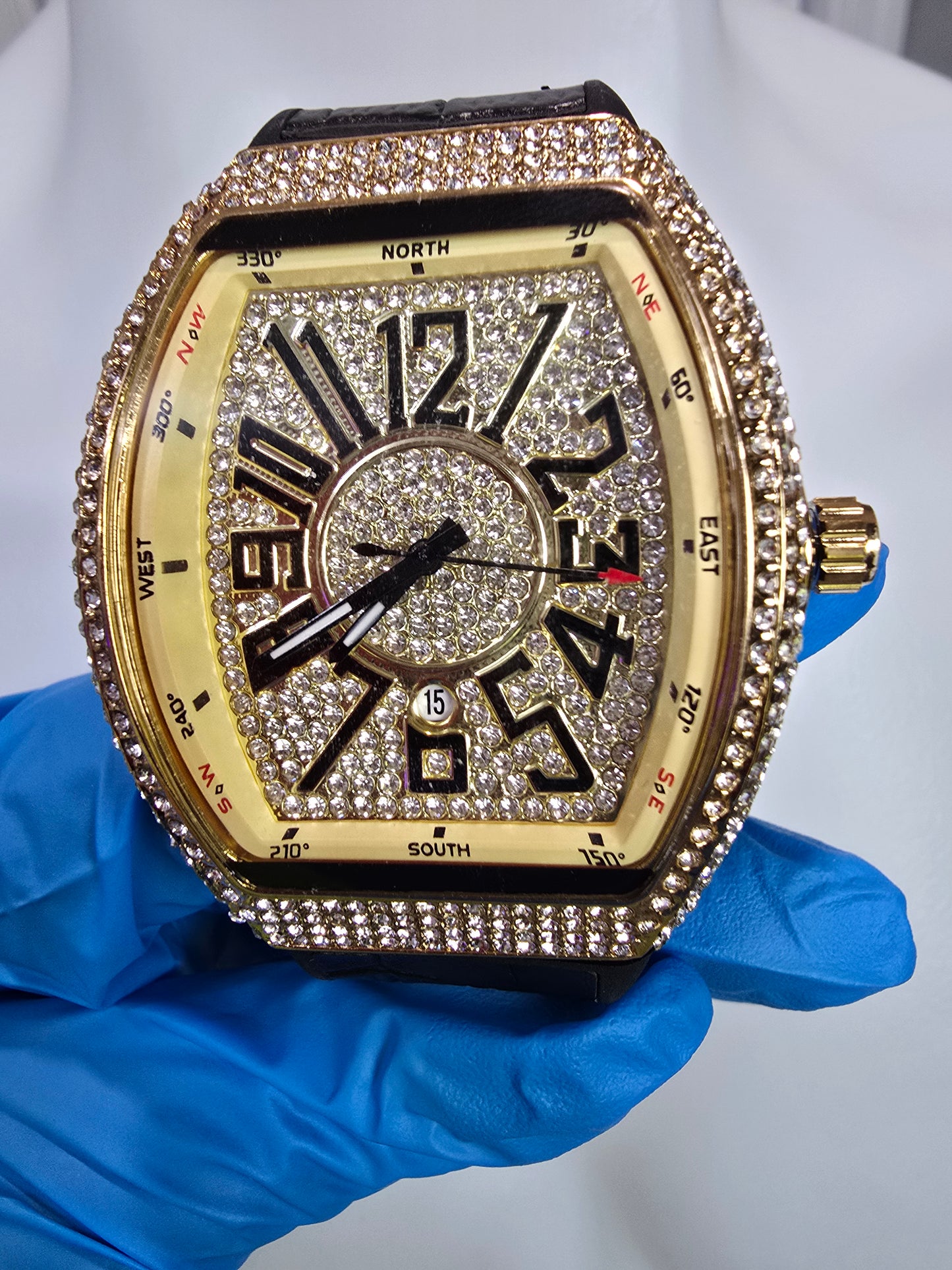45mm Gold Plated VVS CZ Watch Black Leather Band Mechanical Large Case.