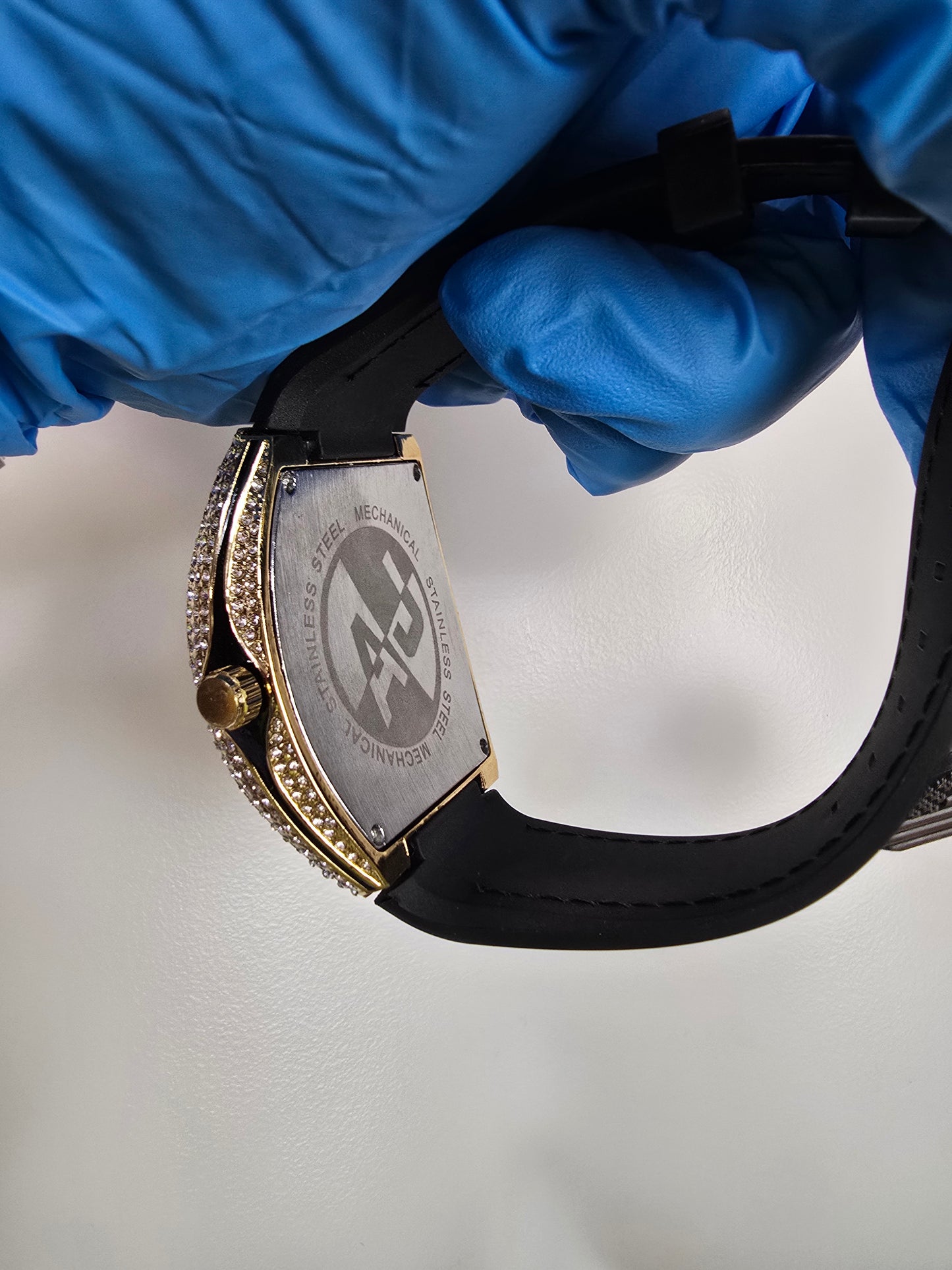 45mm Gold Plated VVS CZ Watch Black Leather Band Mechanical Large Case.