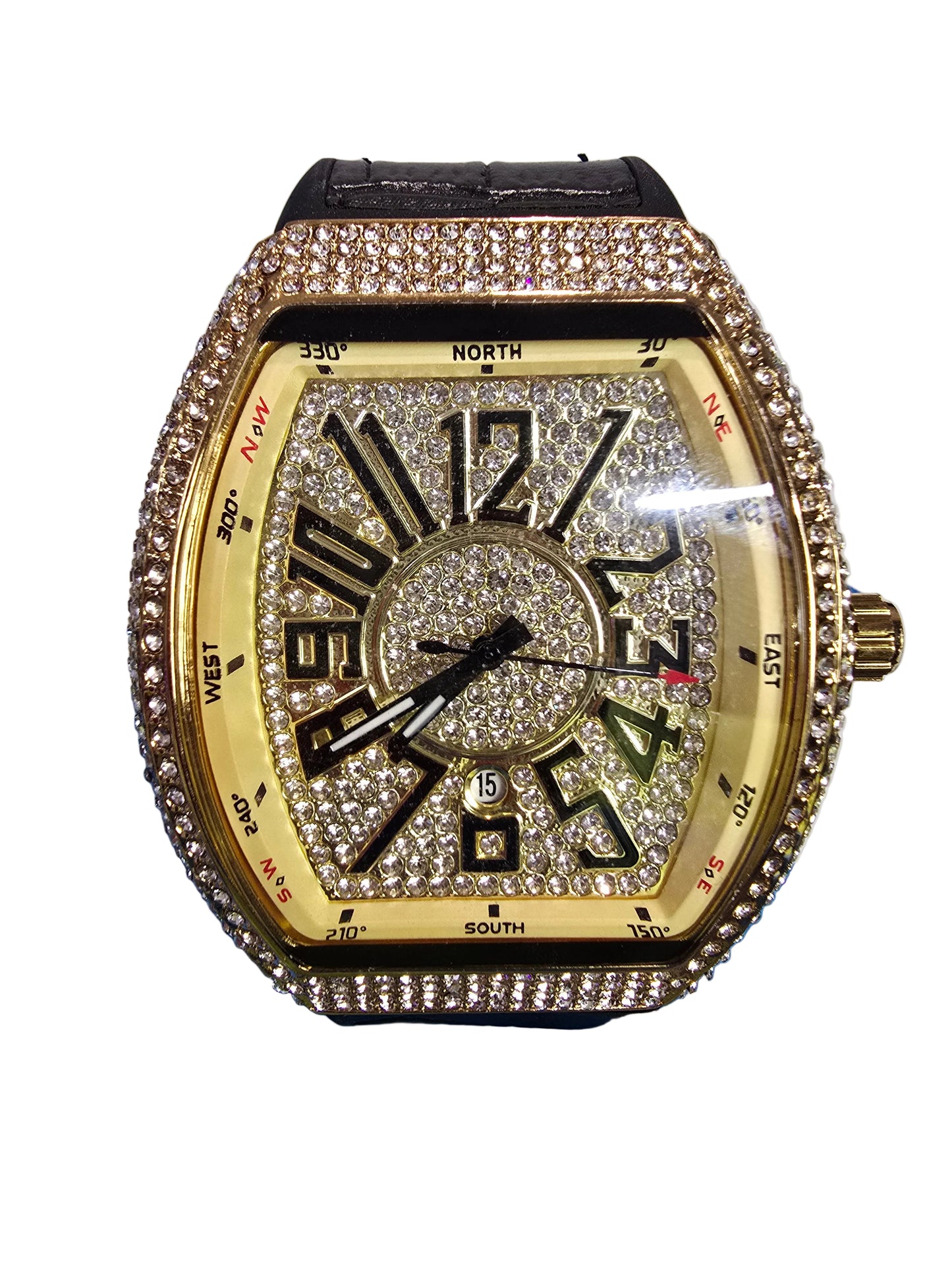 45mm Gold Plated VVS CZ Watch Black Leather Band Mechanical Large Case.