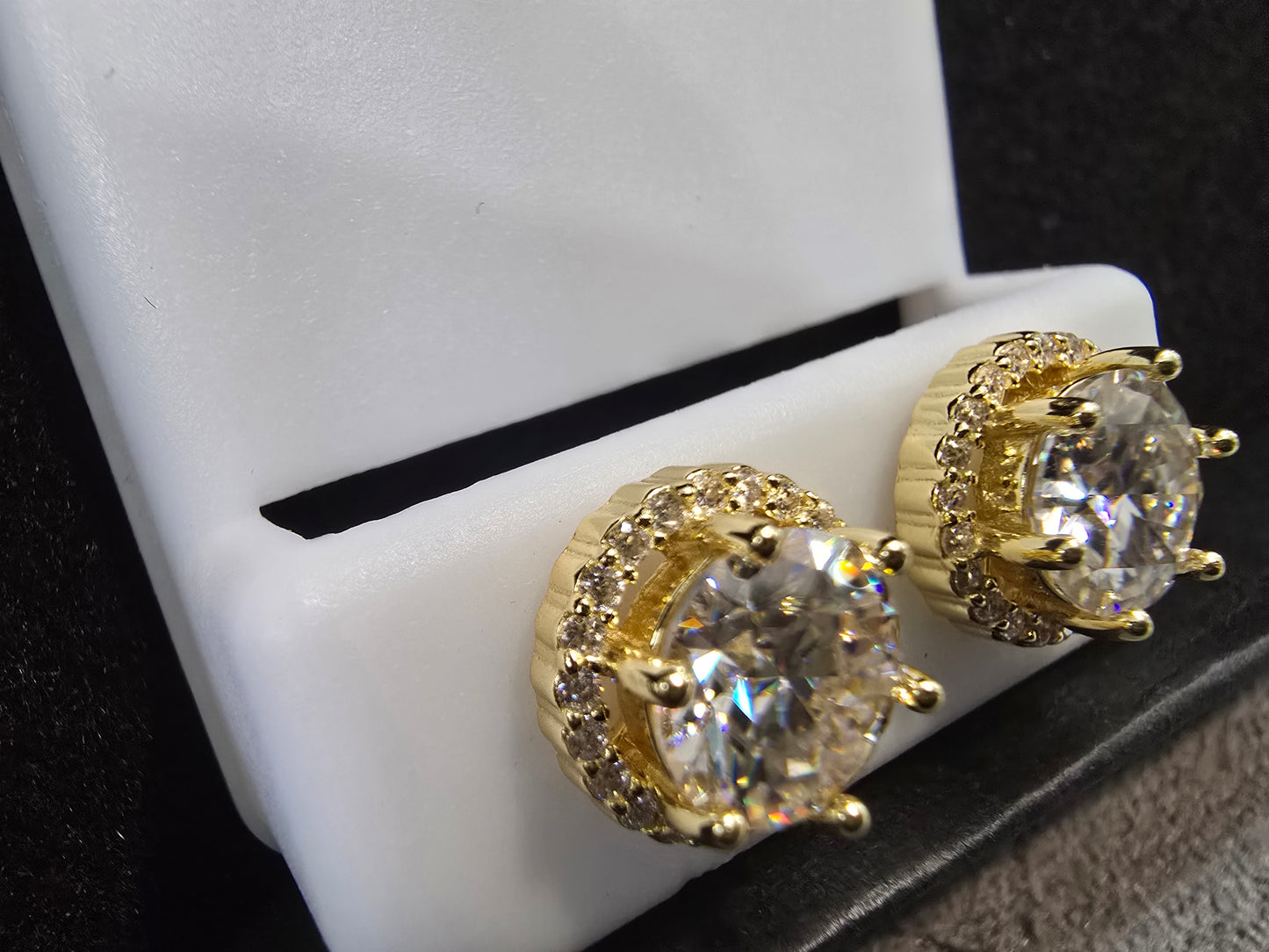 10mm Moissanite Stud Earrings - Yellow Gold over .925 Sterling Silver VVS D