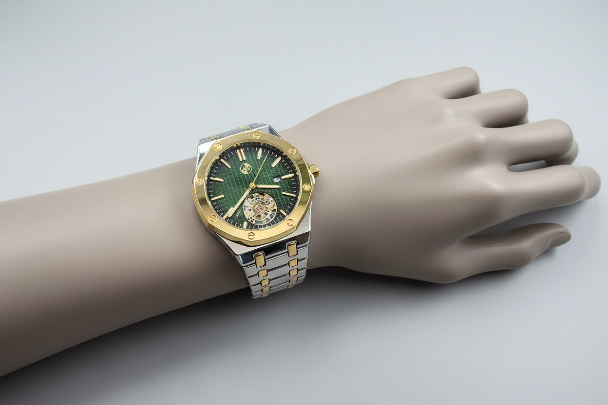 New 45mm Skeleton Dial Watch – Two-Tone Stainless Steel – Water Resistant