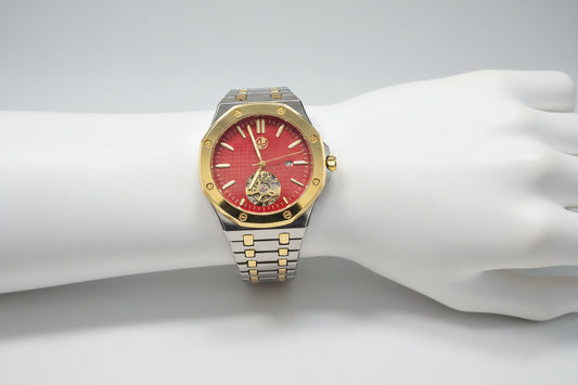 New 45mm Skeleton Dial Watch – Two-Tone Stainless Steel – Water Resistant