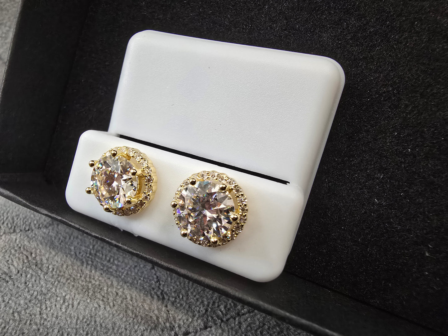 10mm Moissanite Stud Earrings - Yellow Gold over .925 Sterling Silver VVS D