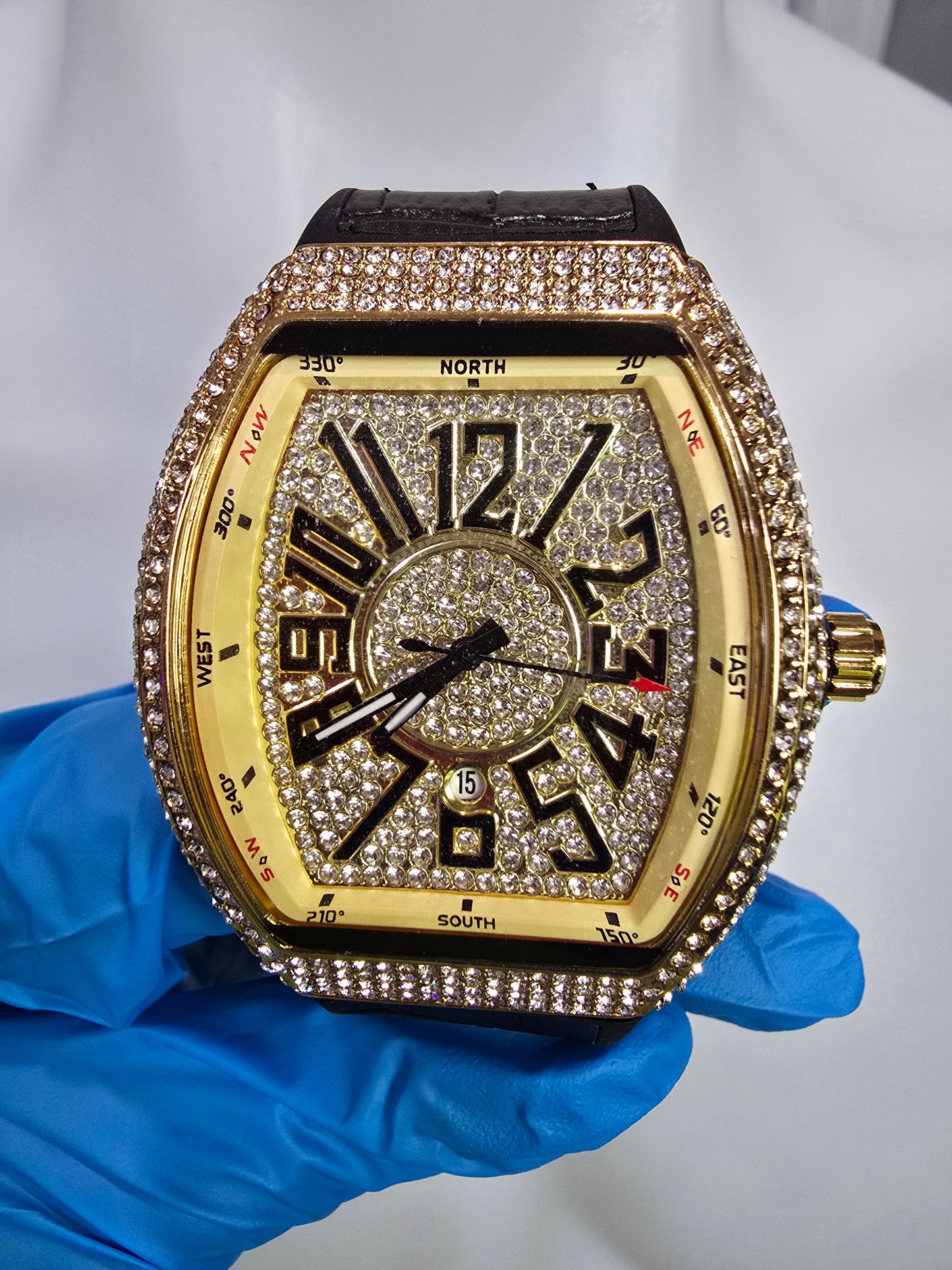 45mm Gold Plated VVS CZ Watch Black Leather Band Mechanical Large Case.