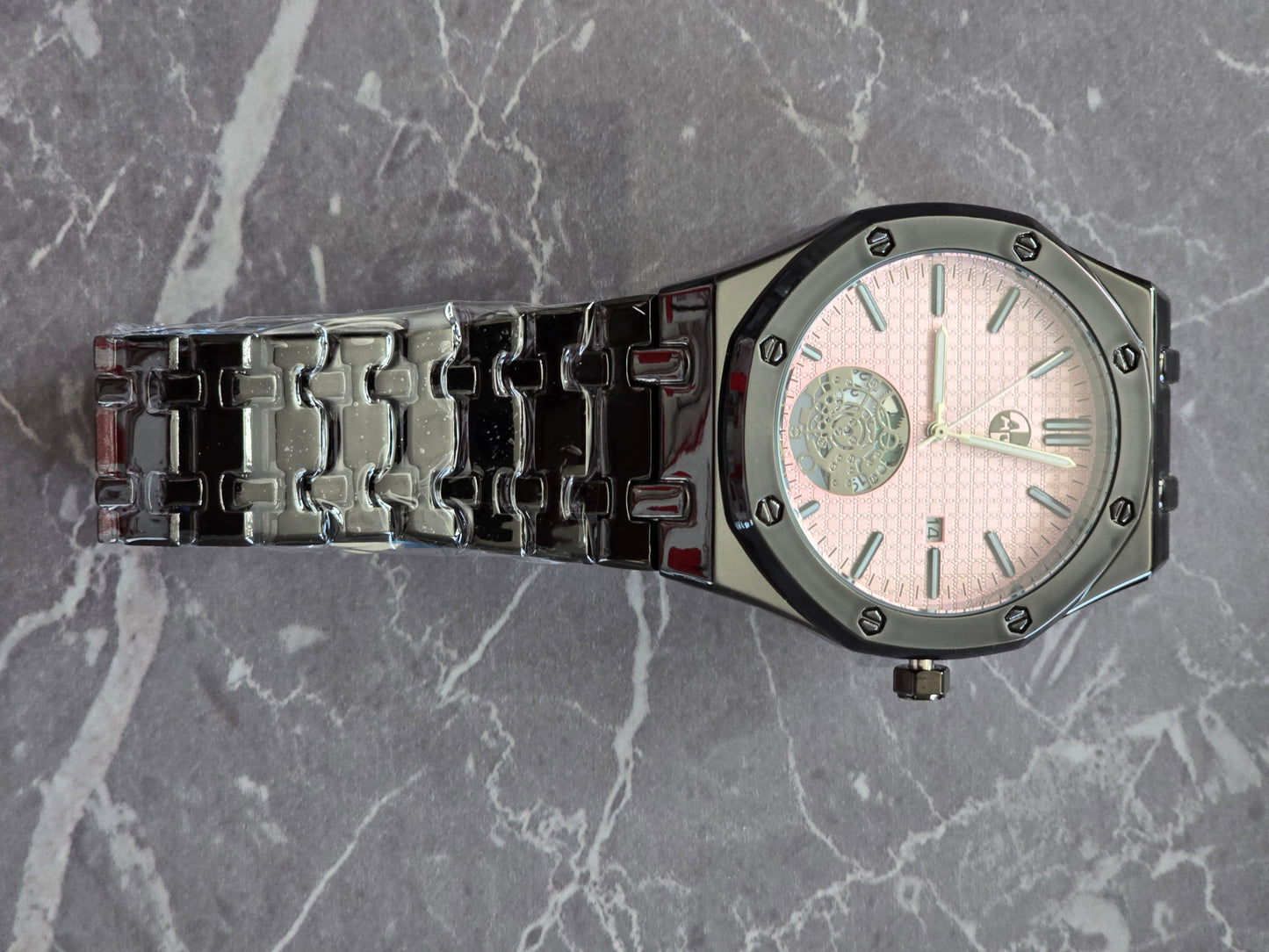 Luxury Style 45mm Case Open Heart  QUARTZ WATCH Stainless Steel Water-Resistant