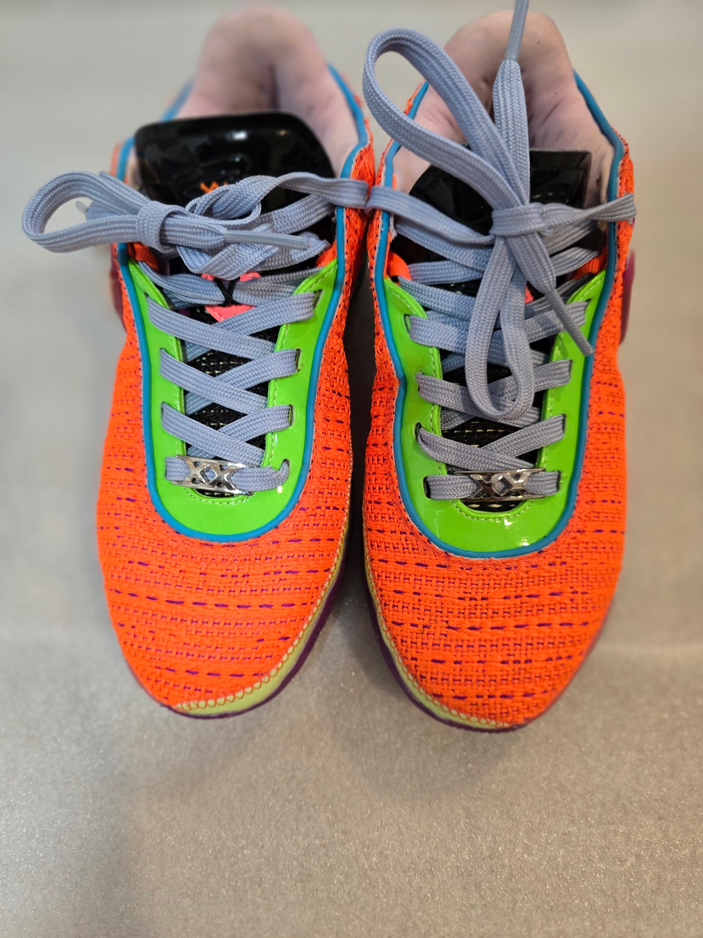 Nike LeBron 20 Chosen 1. Size 5-5.5y Big kids/Women Color:Total Orange-Vivid Purple-Green