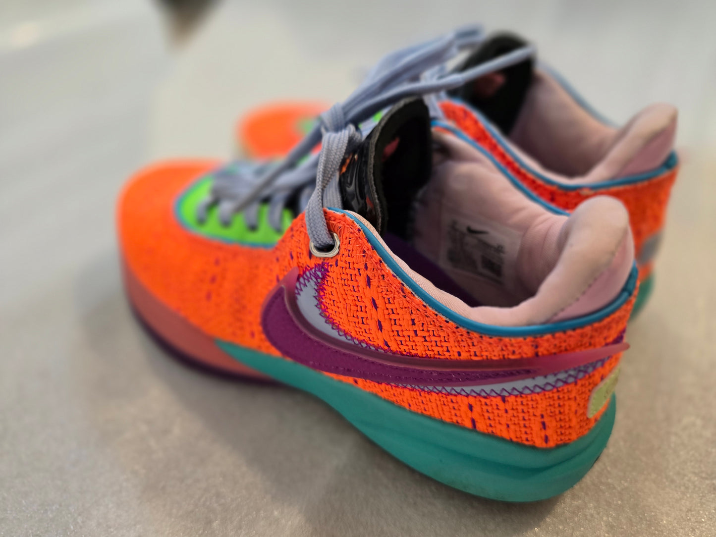 Nike LeBron 20 Chosen 1. Size 5-5.5y Big kids/Women Color:Total Orange-Vivid Purple-Green