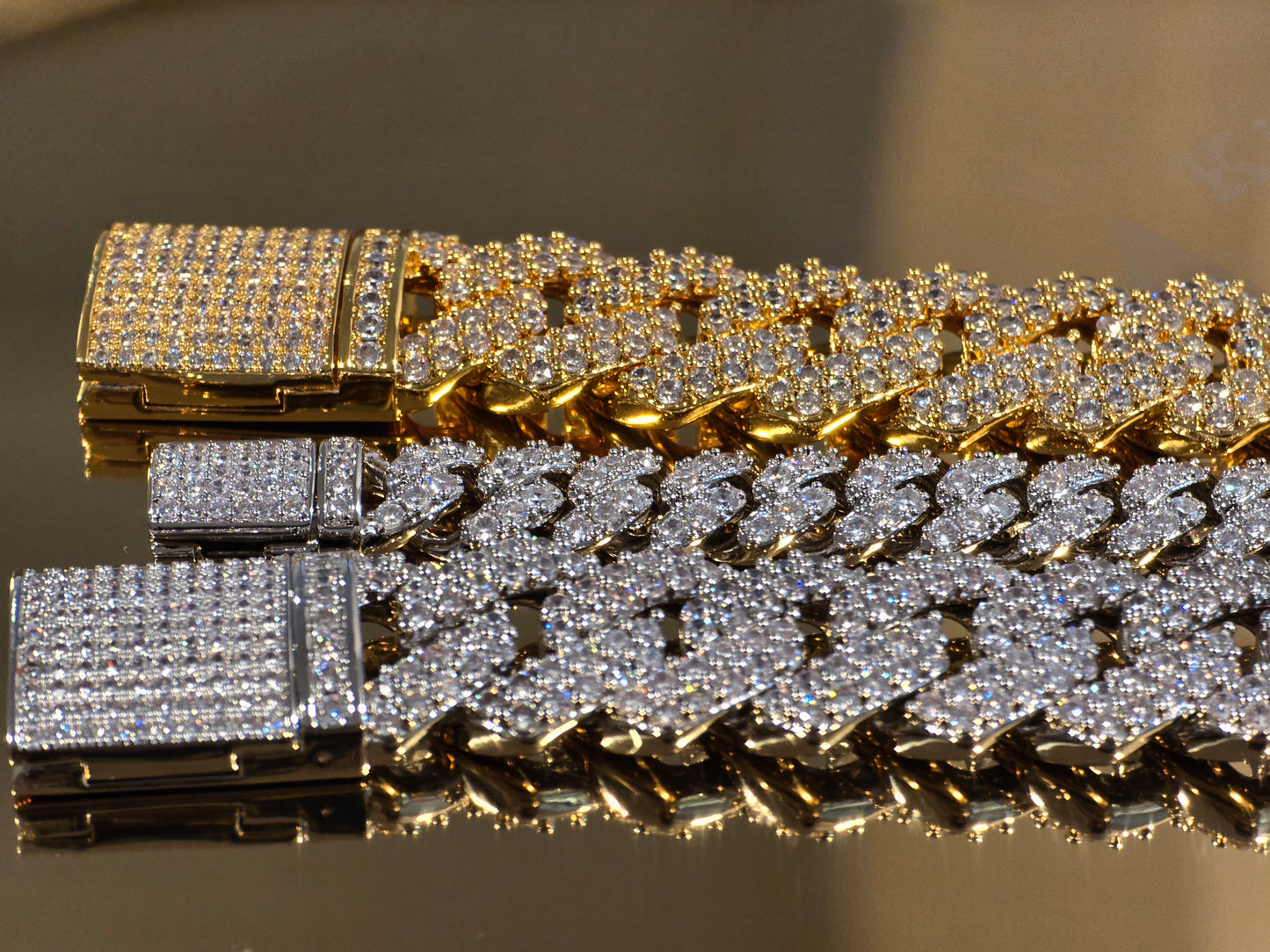 (2)Luxury 14mm 2-Row & 1-Row Cuban Bracelet Trio | 18K Gold & White Gold Plated 5A VVS CZ