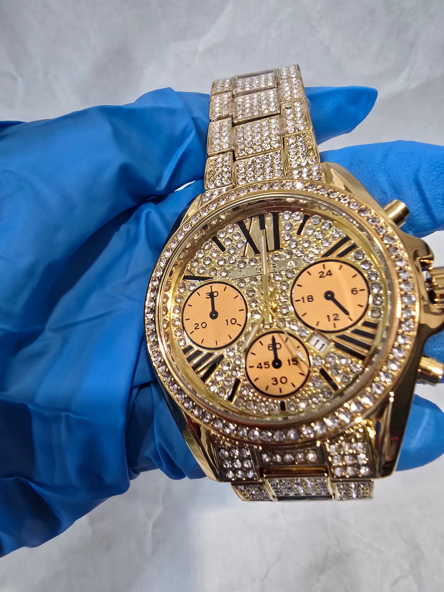 Iced-Out Gold-Tone Chronograph Style Watch - VVS CZ, 42mm Case