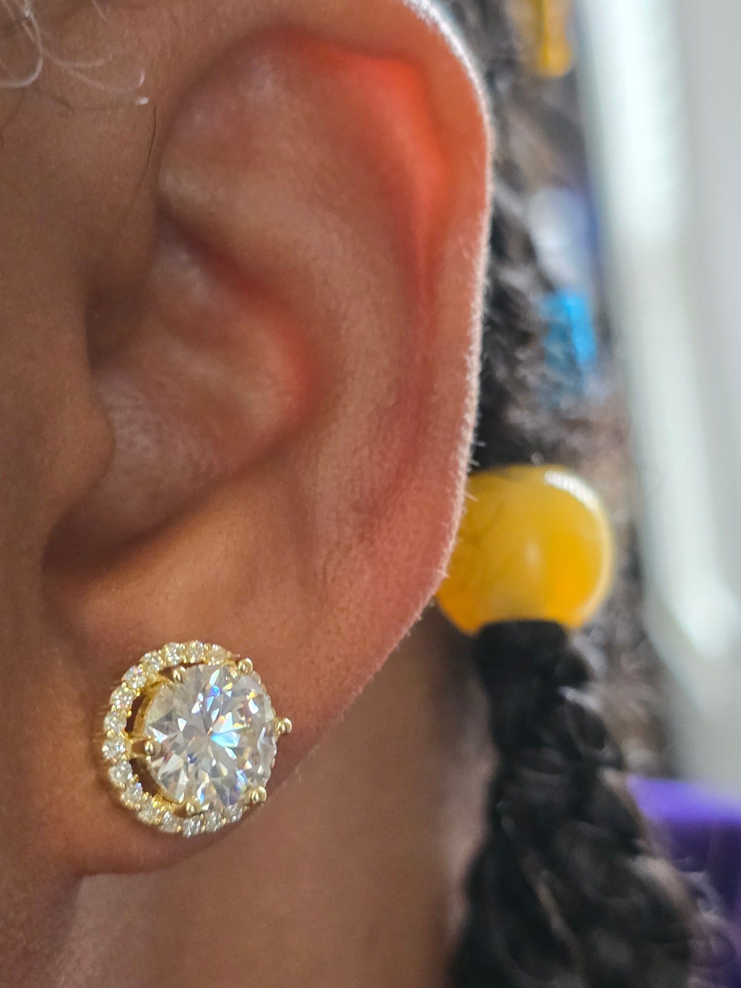 10mm Moissanite Stud Earrings - Yellow Gold over .925 Sterling Silver VVS D