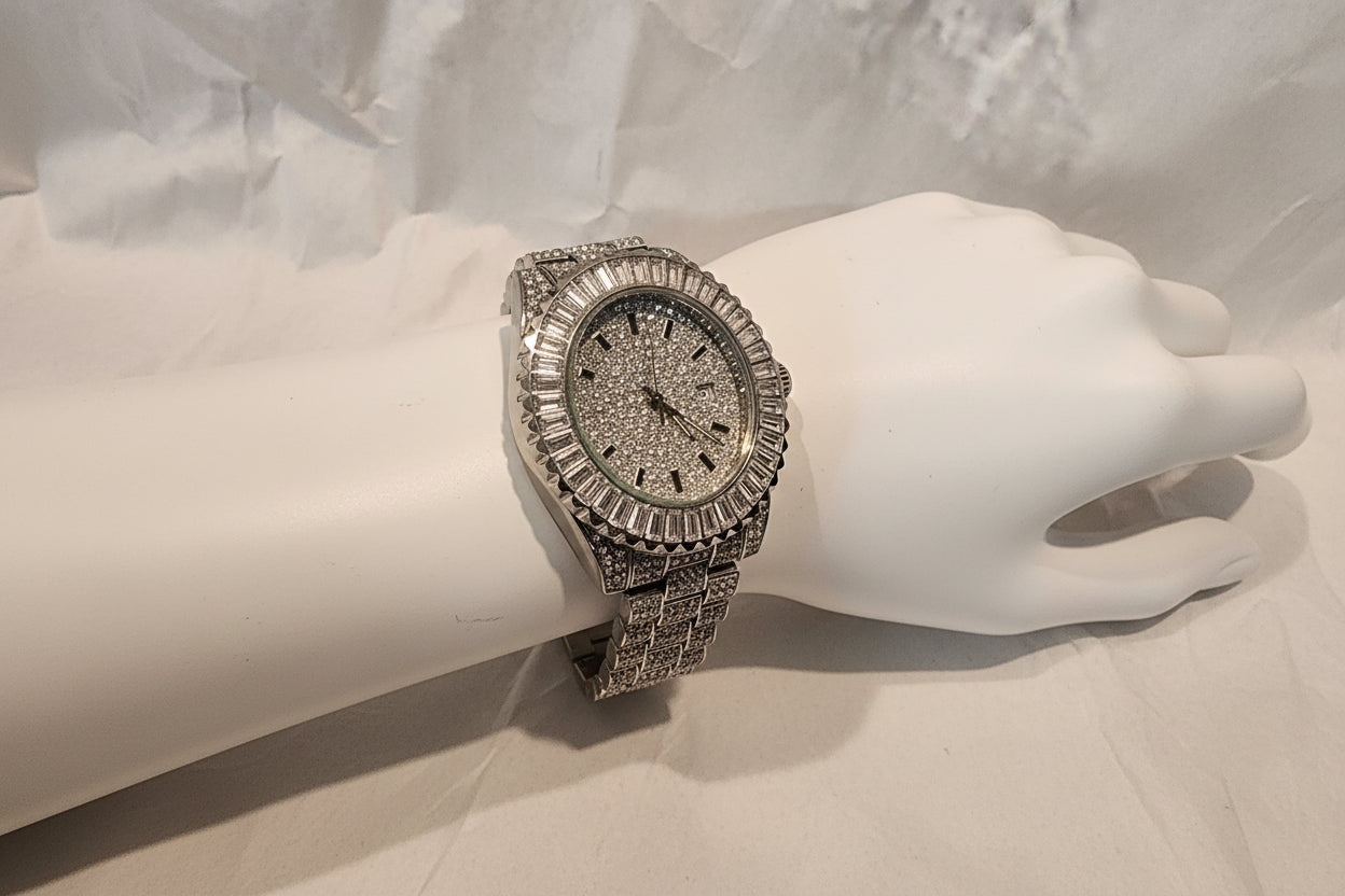 Bezel Bling King  Iced Out Watch - Silver Tone VVS CZ 40mm Rotating Bezel