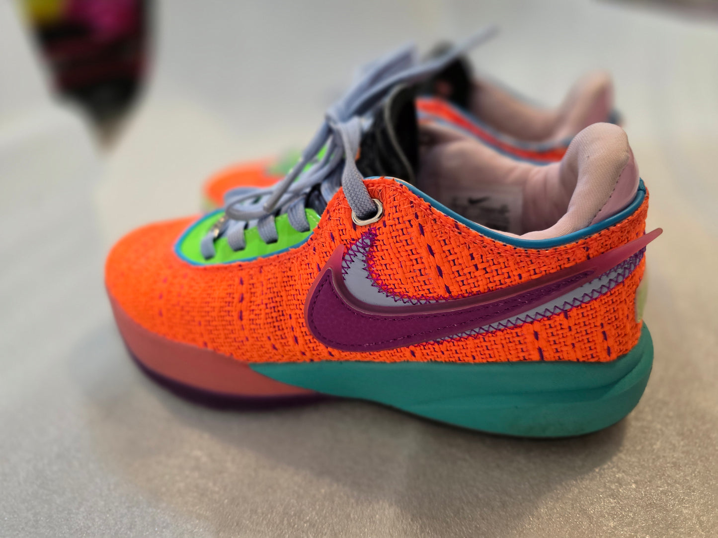 Nike LeBron 20 Chosen 1. Size 5-5.5y Big kids/Women Color:Total Orange-Vivid Purple-Green