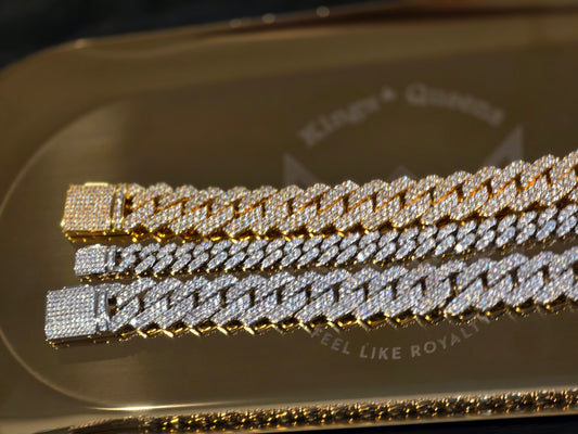 (2)Luxury 14mm 2-Row & 1-Row Cuban Bracelet Trio | 18K Gold & White Gold Plated 5A VVS CZ