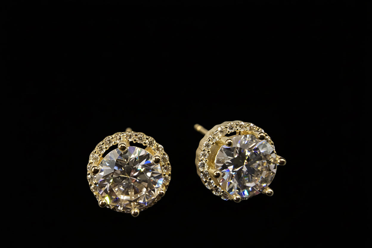10mm Moissanite Stud Earrings - Yellow Gold over .925 Sterling Silver VVS D